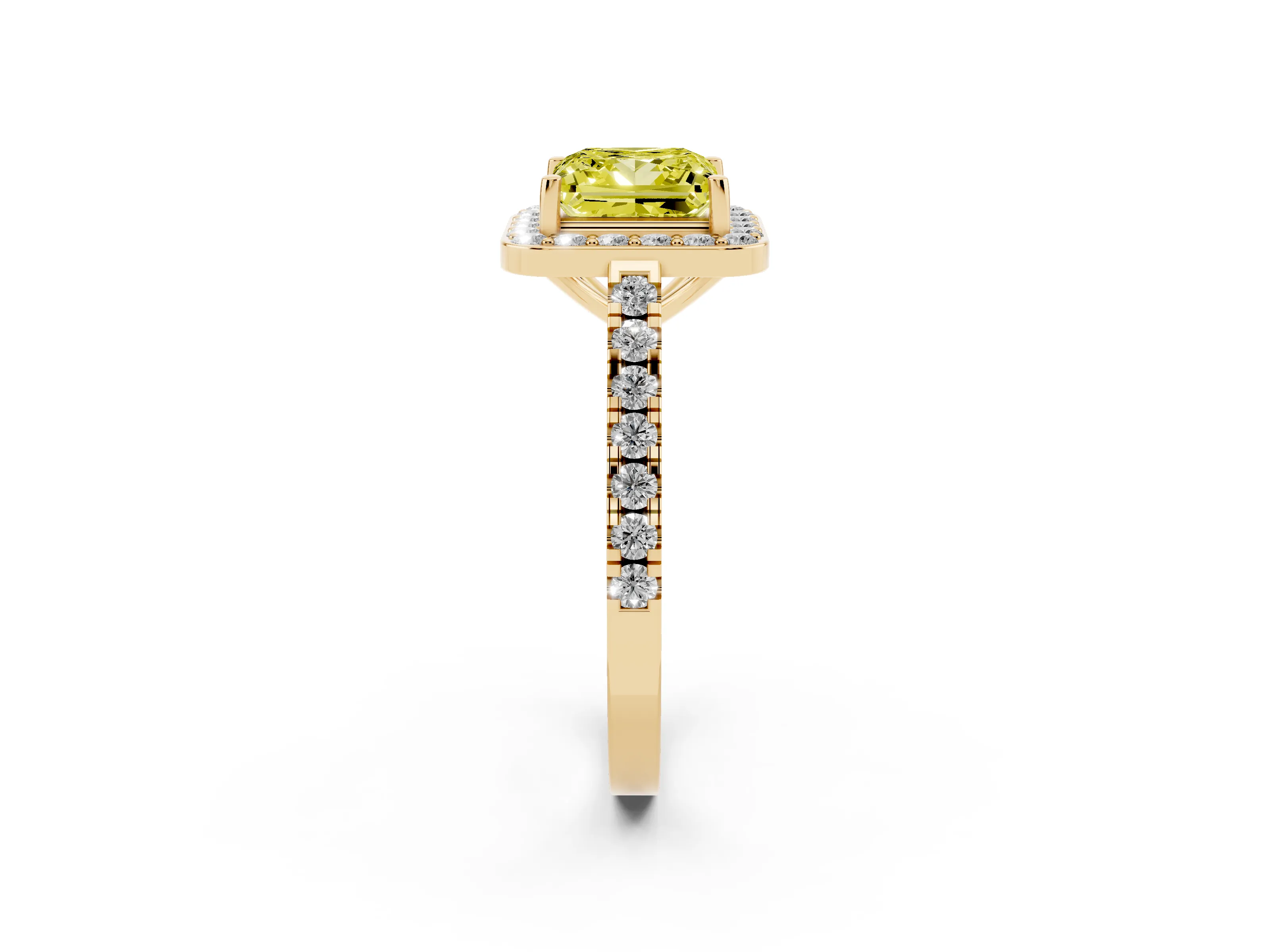 Fancy Yellow Princess Cut Diamond Halo Ring Set in Yellow gold with Round Pavé Split Shank and Prong Setting