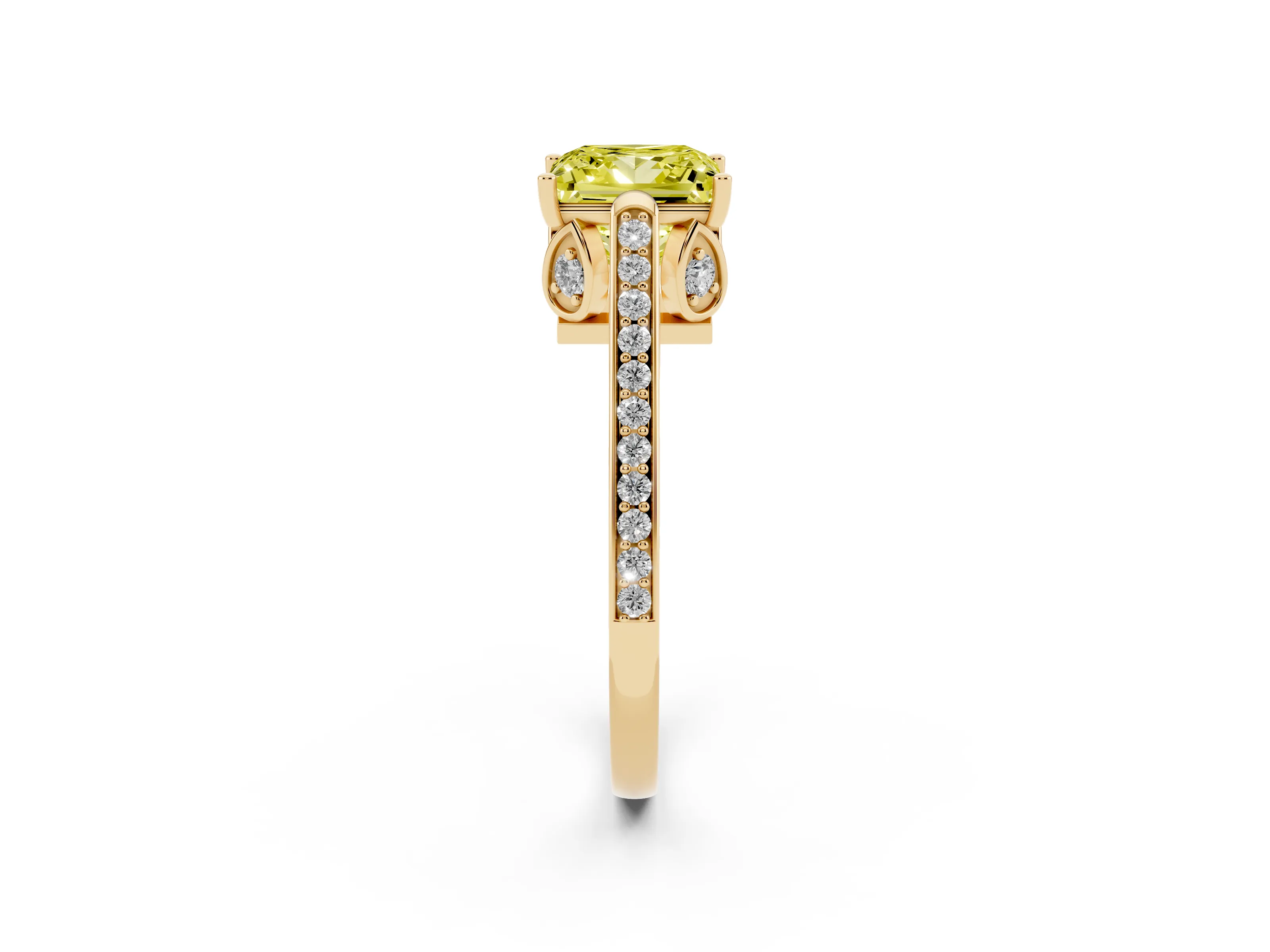 Fancy Yellow Princess Cut Diamond Cathedral Pavé Engagement Ring Set in Yellow gold with Prong Setting