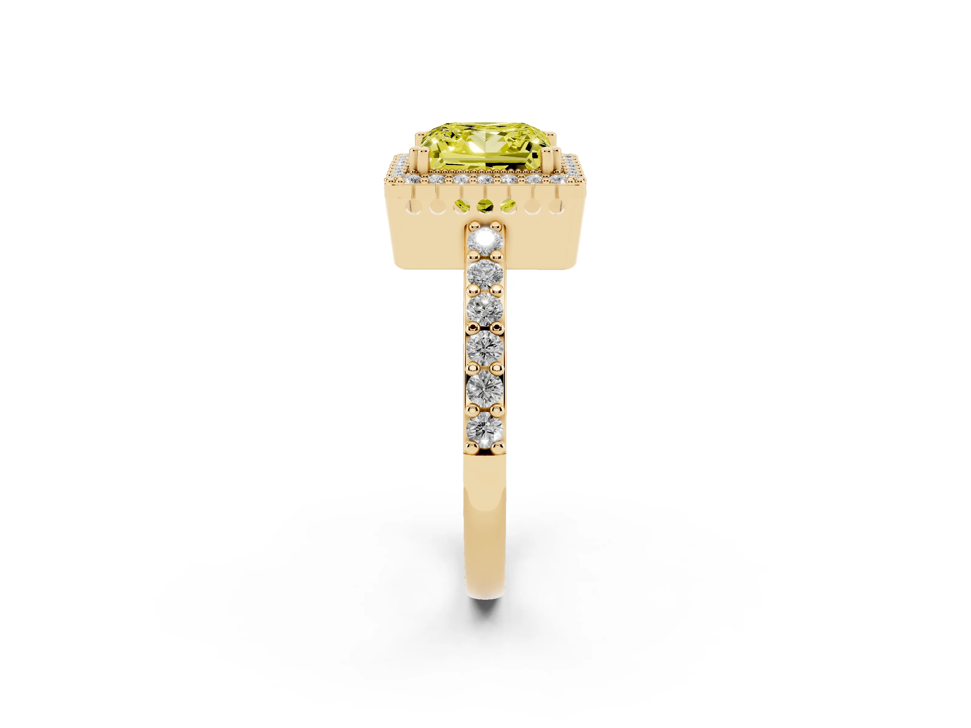 Fancy Yellow Princess Cut Diamond Halo Engagement Ring Set in Yellow gold with Milgrain Detail and Pavé Band