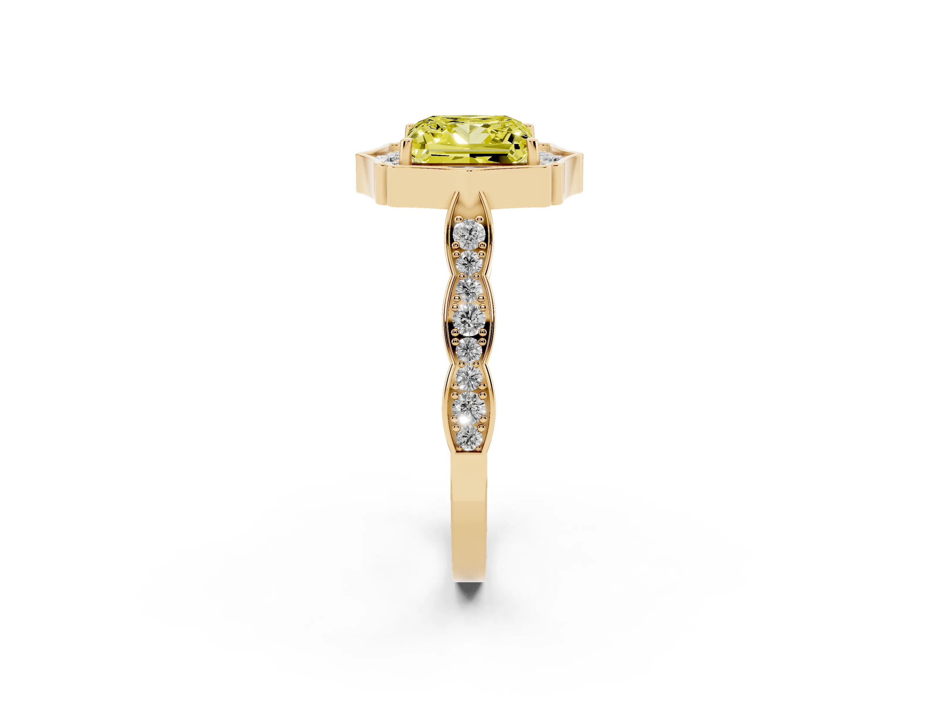 Fancy Yellow Princess Cut Diamond Halo Engagement Ring Set in Yellow gold with Milgrain Band and Prong Setting