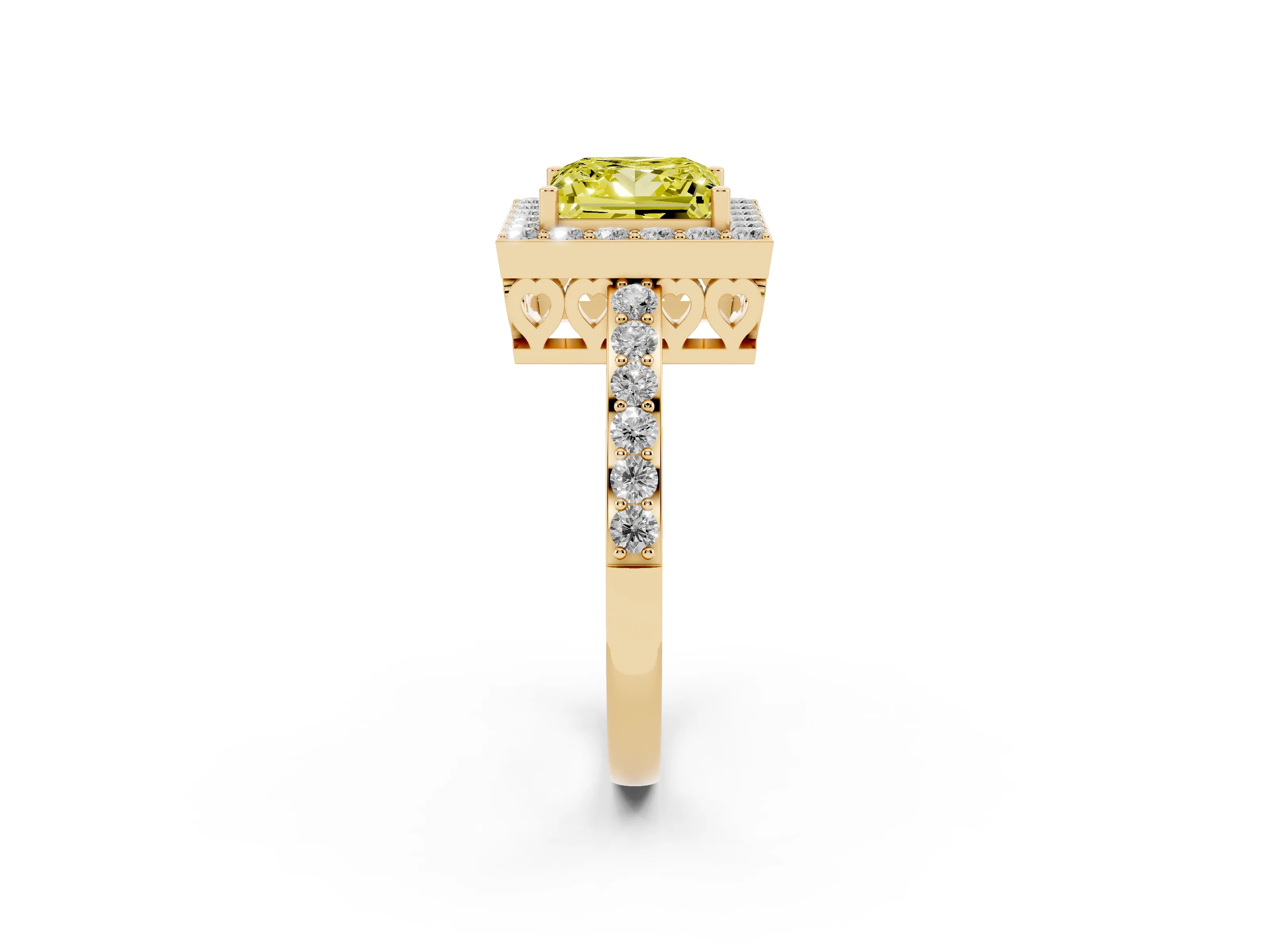 Fancy Yellow Princess Cut Diamond Halo Ring Set in Yellow gold with Pavé-Setting Band and Open Prong Center