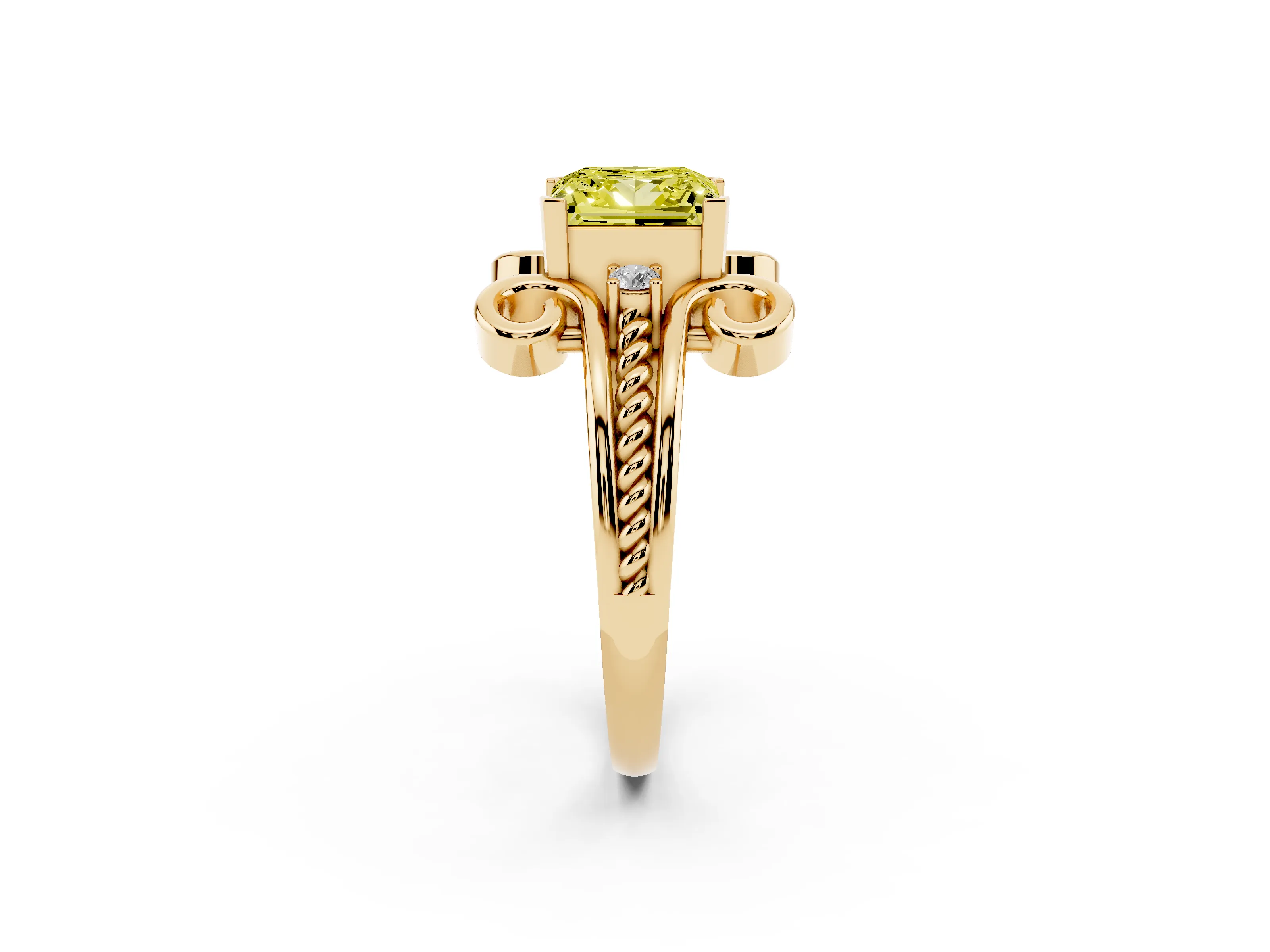Fancy Yellow Princess Cut Diamond Twisted Band Solitaire Ring Set in Yellow gold with Scroll Prongs