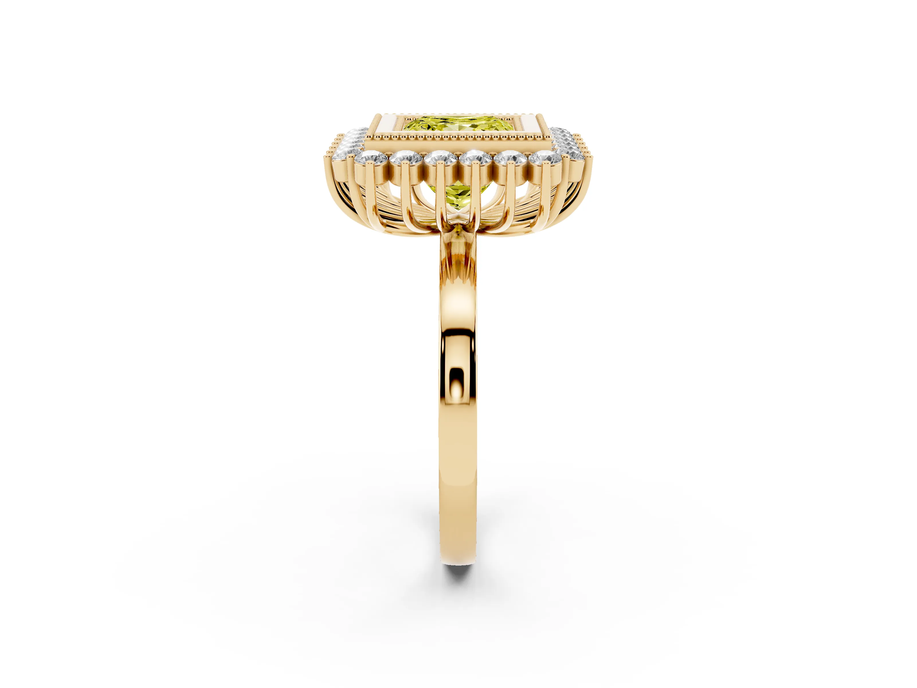 Fancy Yellow Princess Cut Diamond Halo Ring Set in Yellow gold with Milgrain Edge and Round Prong Setting