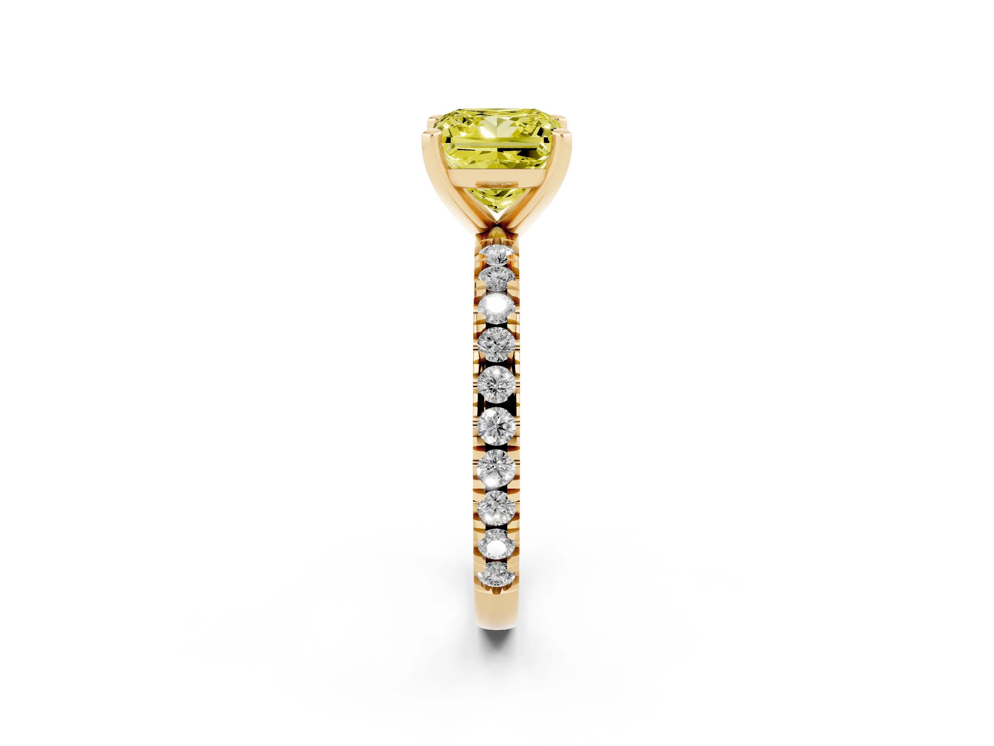 Fancy Yellow Princess Cut Diamond Pavé Band Solitaire Set in Yellow gold with Prong Setting
