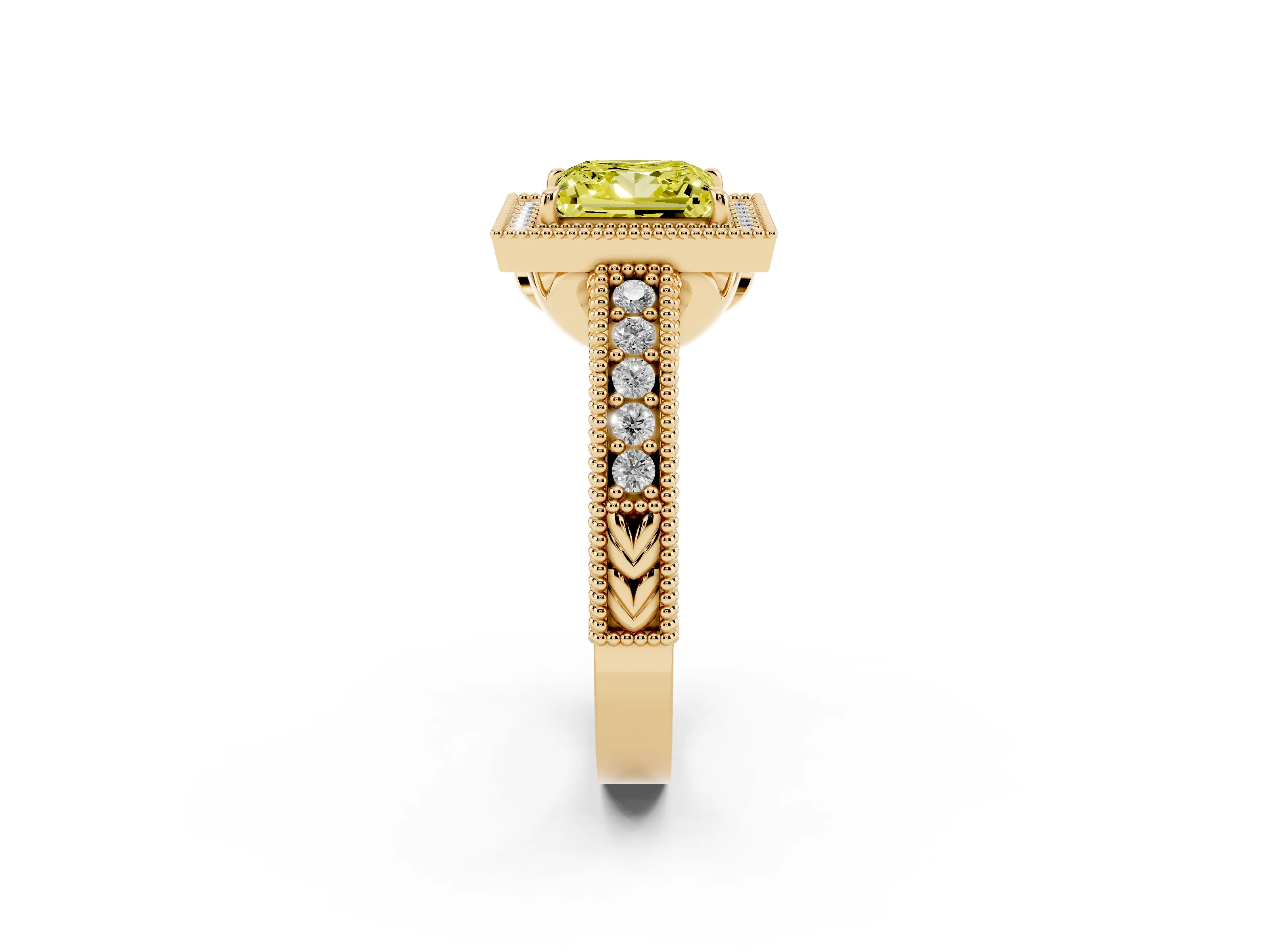 Fancy Yellow Princess Cut Diamond Halo Ring Set in Yellow gold with Round Accent Halo, Pavé Band and Prong Setting