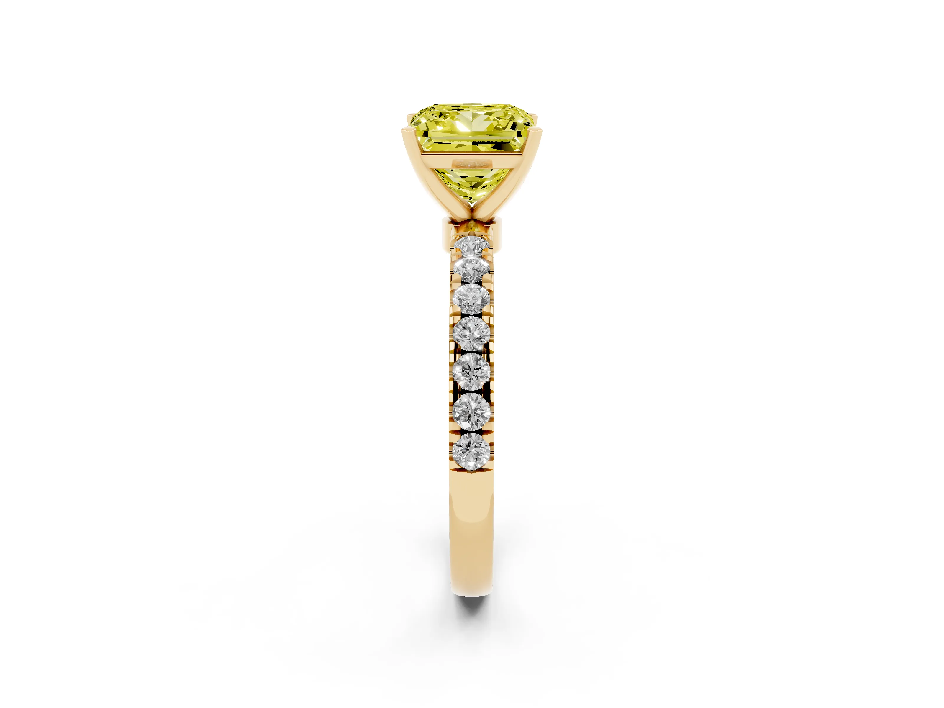 Fancy Yellow Princess Cut Diamond Solitaire Ring Set in Yellow gold with Pavé Accents and Prong Setting