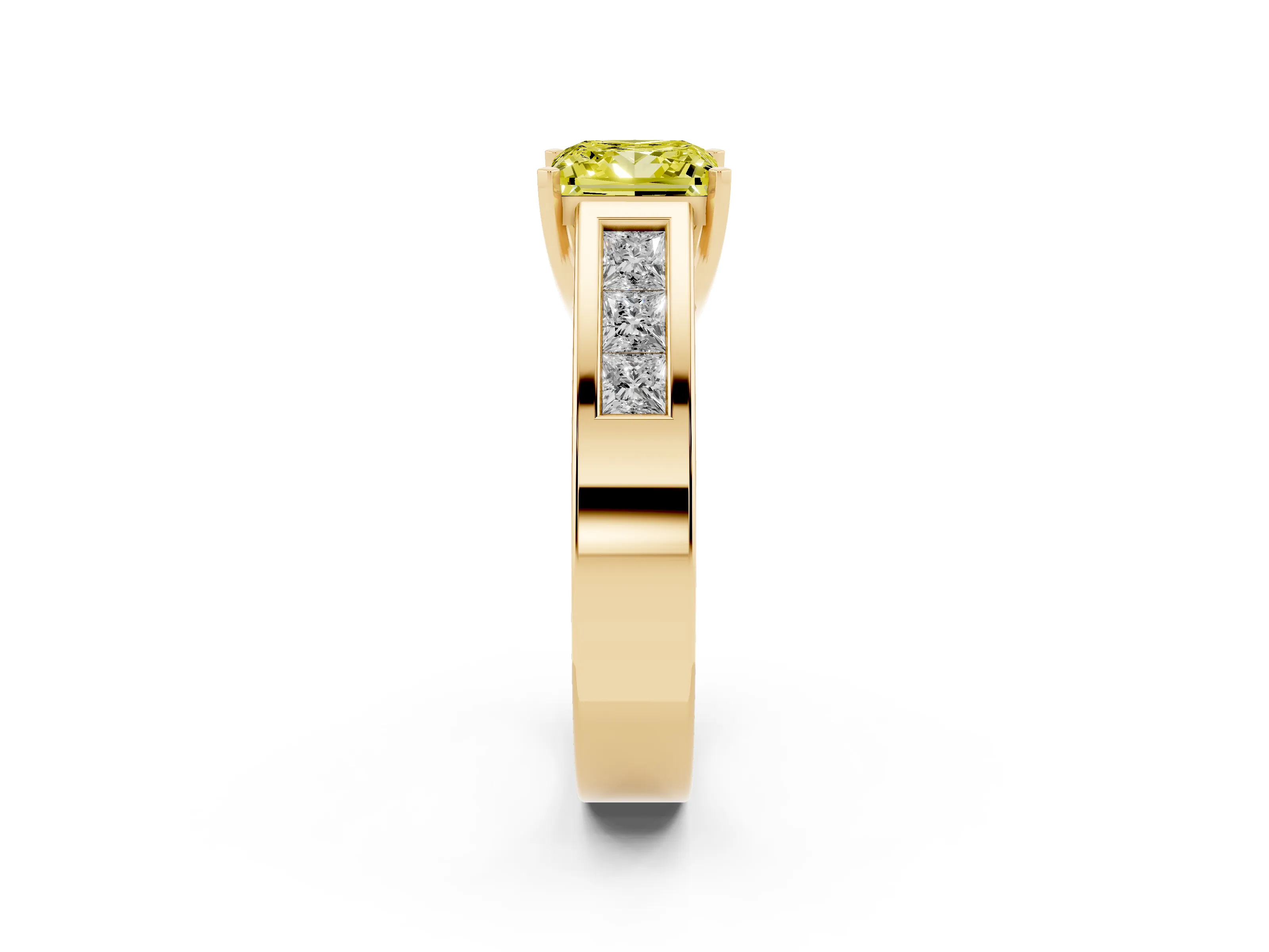 Fancy Yellow Princess Cut Diamond Solitaire Ring Set in Yellow gold with Channel-Set Accent Stones and Prong Setting
