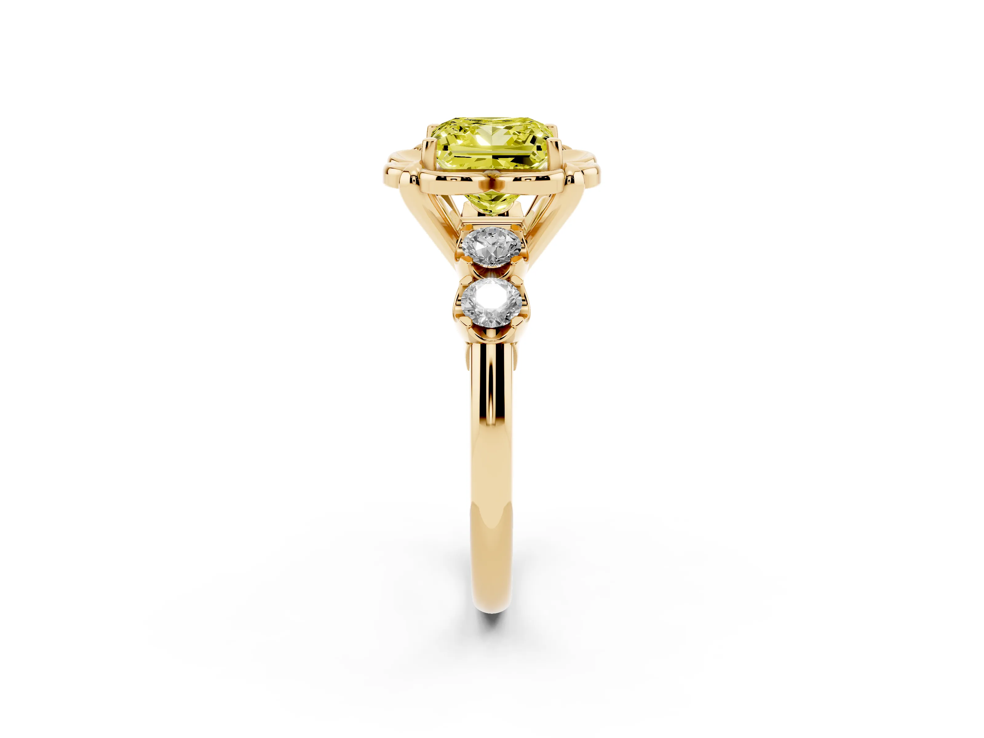 Fancy Yellow Princess Cut Diamond Floral Halo Ring Set in Yellow gold with Shared Prong Band