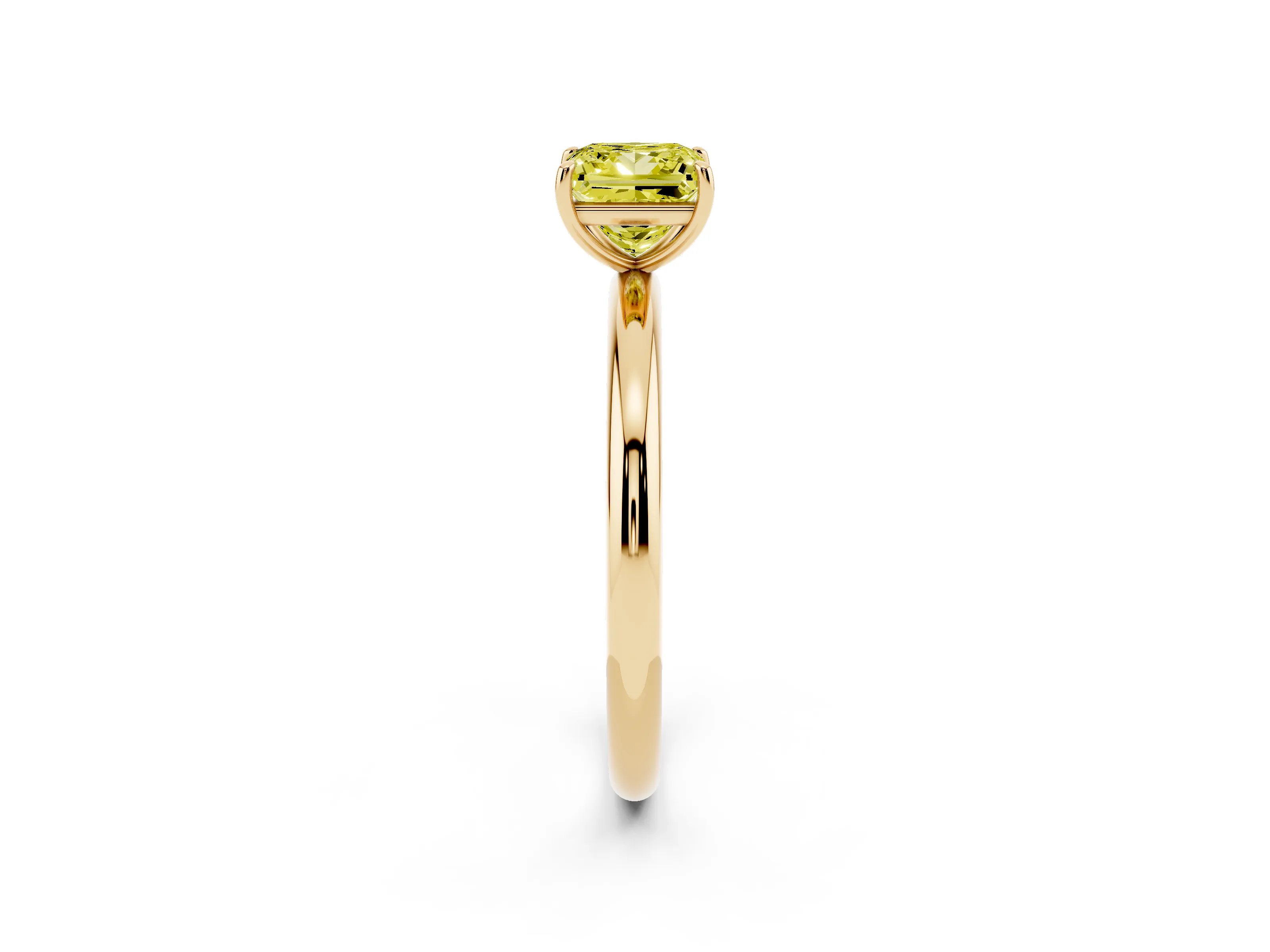 Fancy Yellow Princess Cut Diamond Solitaire Ring Set in Yellow gold with Prong Setting on a Polished Plain Band