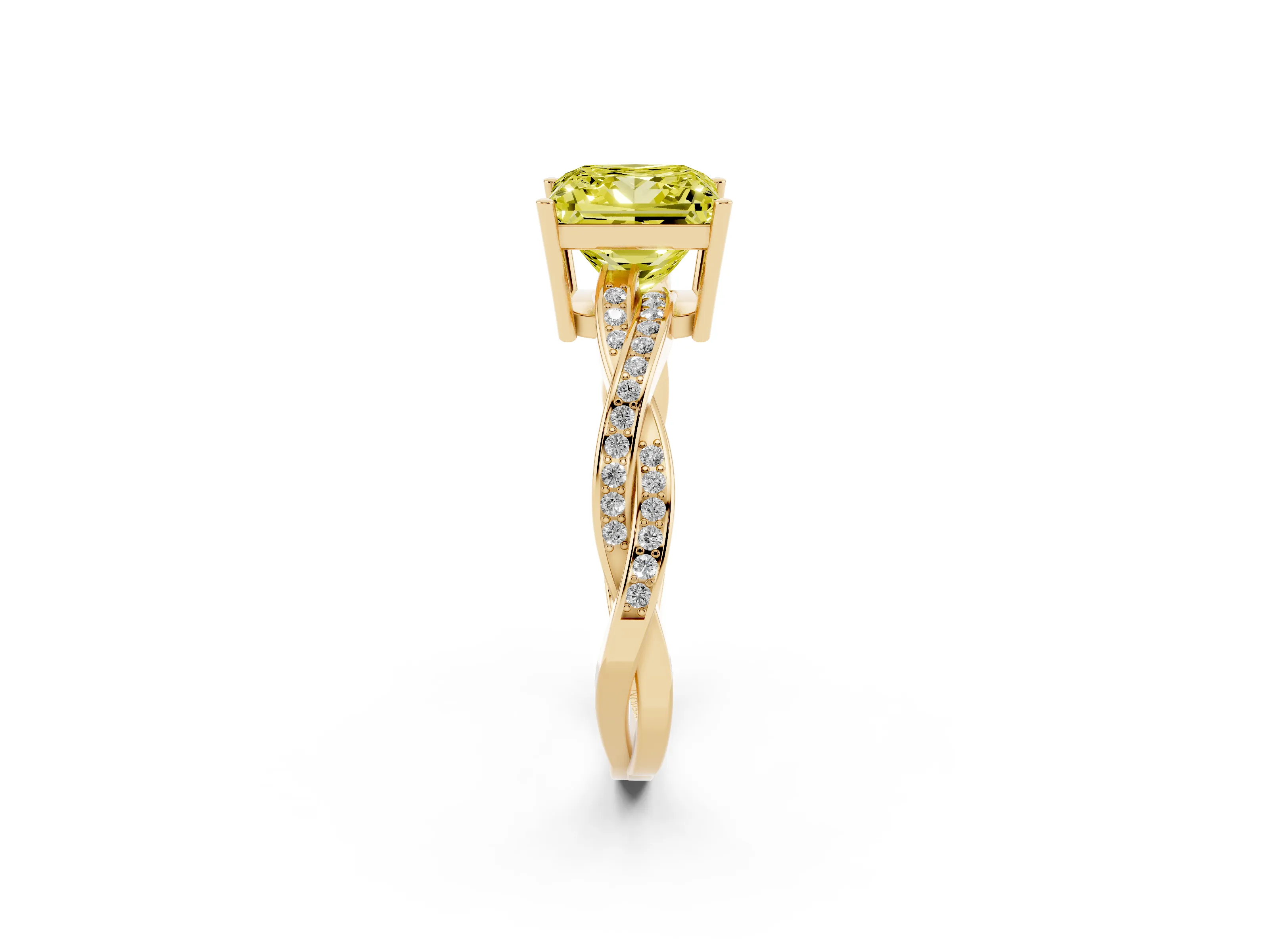 Fancy Yellow Princess Cut Diamond Solitaire Twisted Pavé Ring Set in Yellow gold with Prong Setting