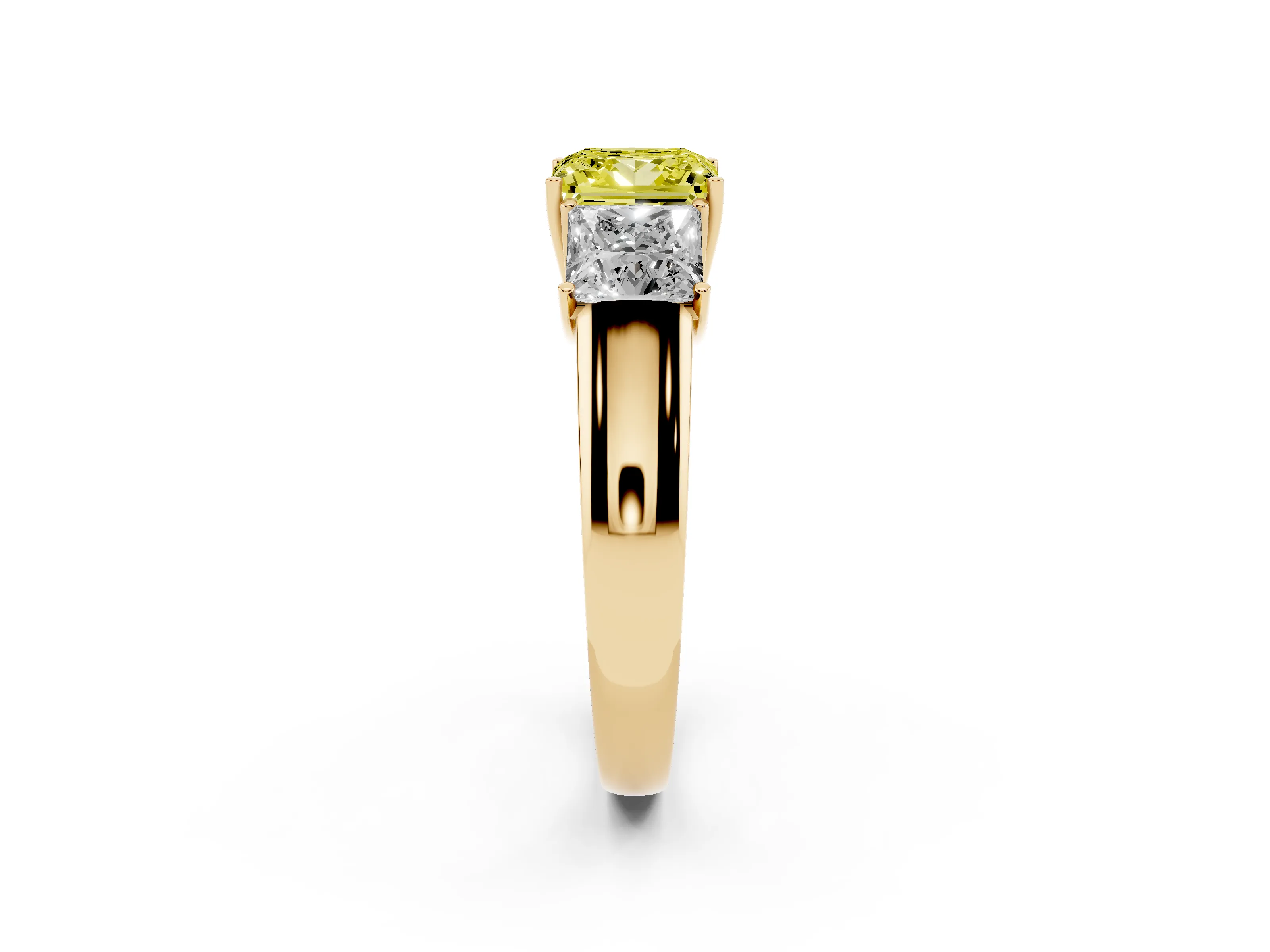 Fancy Yellow Three-Stone Princess Cut Diamond Ring Set in Yellow gold with Matching Prong Settings and Plain Band