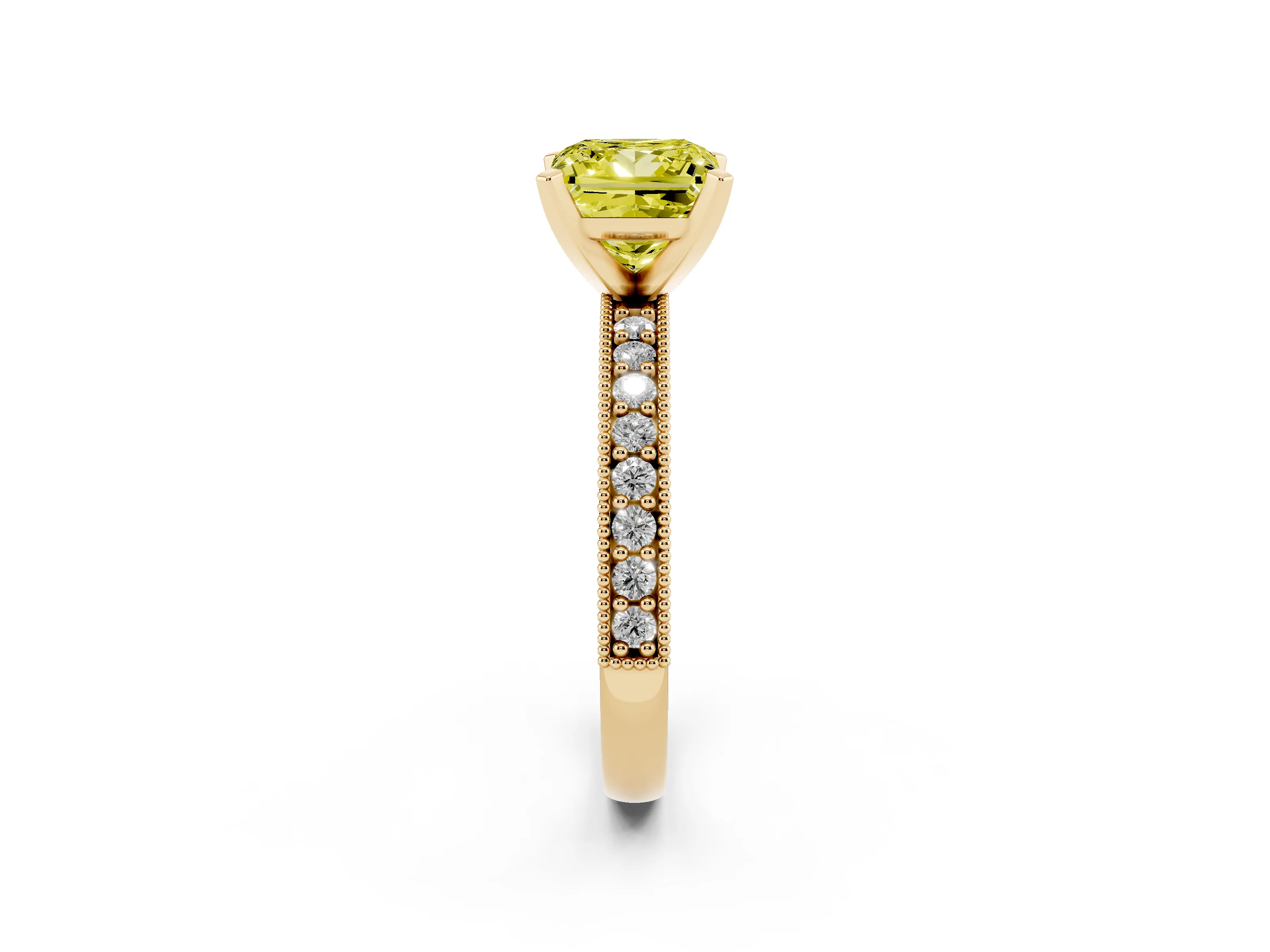 Fancy Yellow Princess Cut Diamond Milgrain Pavé Engagement Ring Set in Yellow gold with Prong Setting