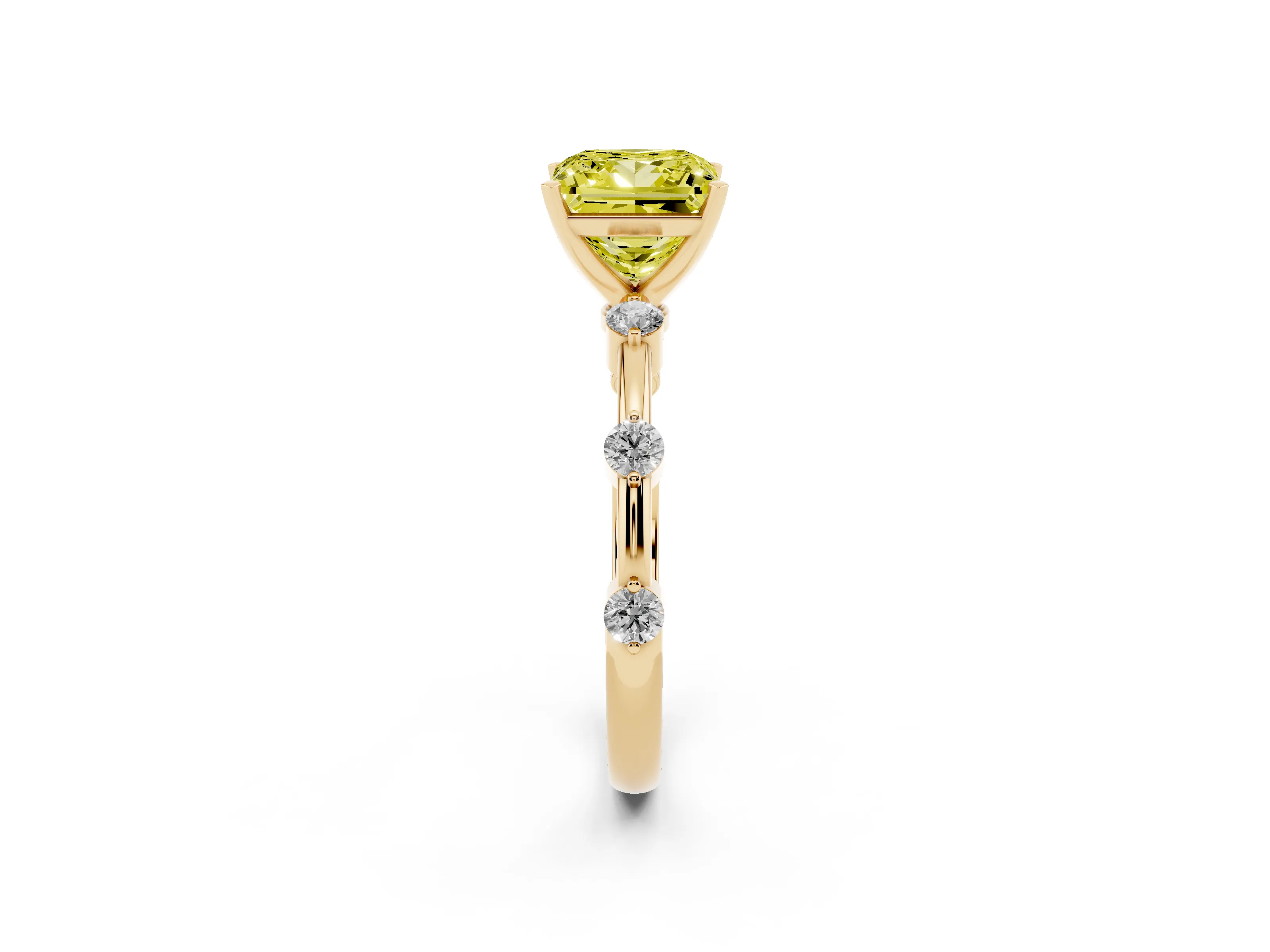 Fancy Yellow Princess Cut Diamond Solitaire Ring Set in Yellow gold with Bezel Set Side Stones and Prong Setting