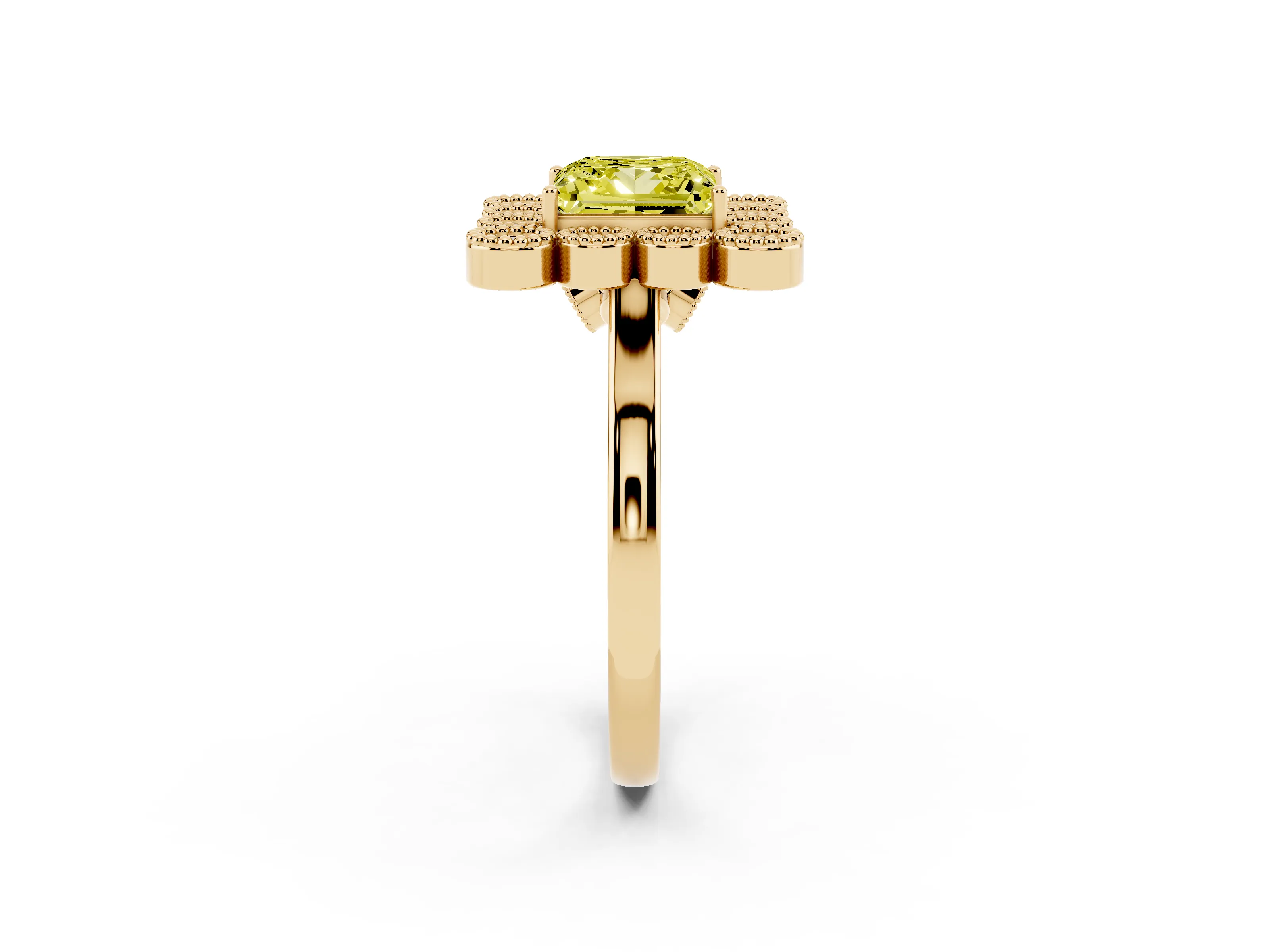 Fancy Yellow Princess Cut Diamond Cluster Halo Ring Set in Yellow gold with Milgrain Bezel Accents and Plain Band