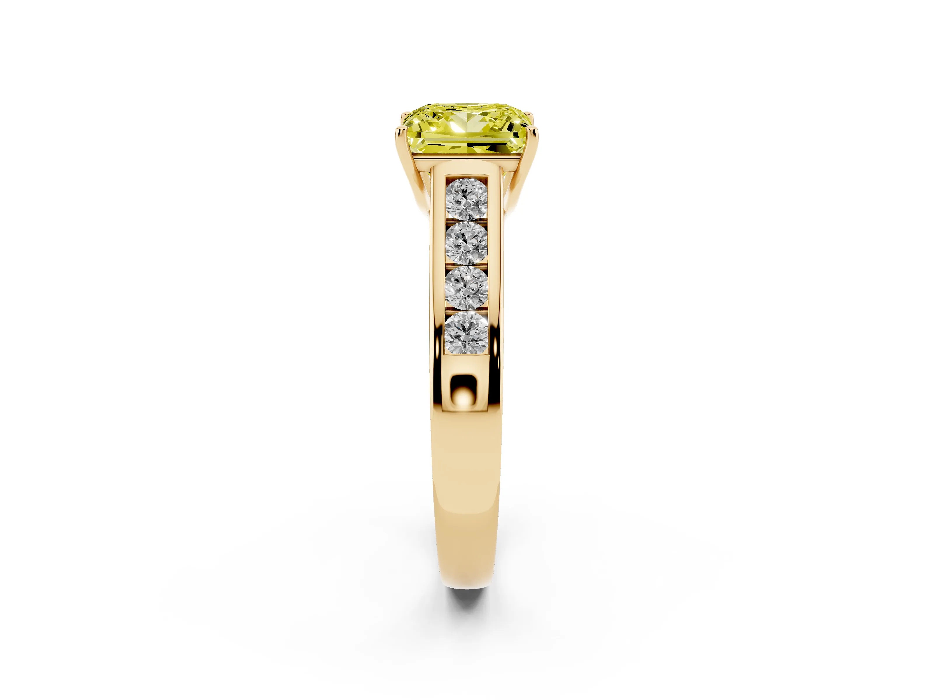 Fancy Yellow Princess Cut Diamond Solitaire Channel-Set Engagement Ring Set in Yellow gold with Prong Setting