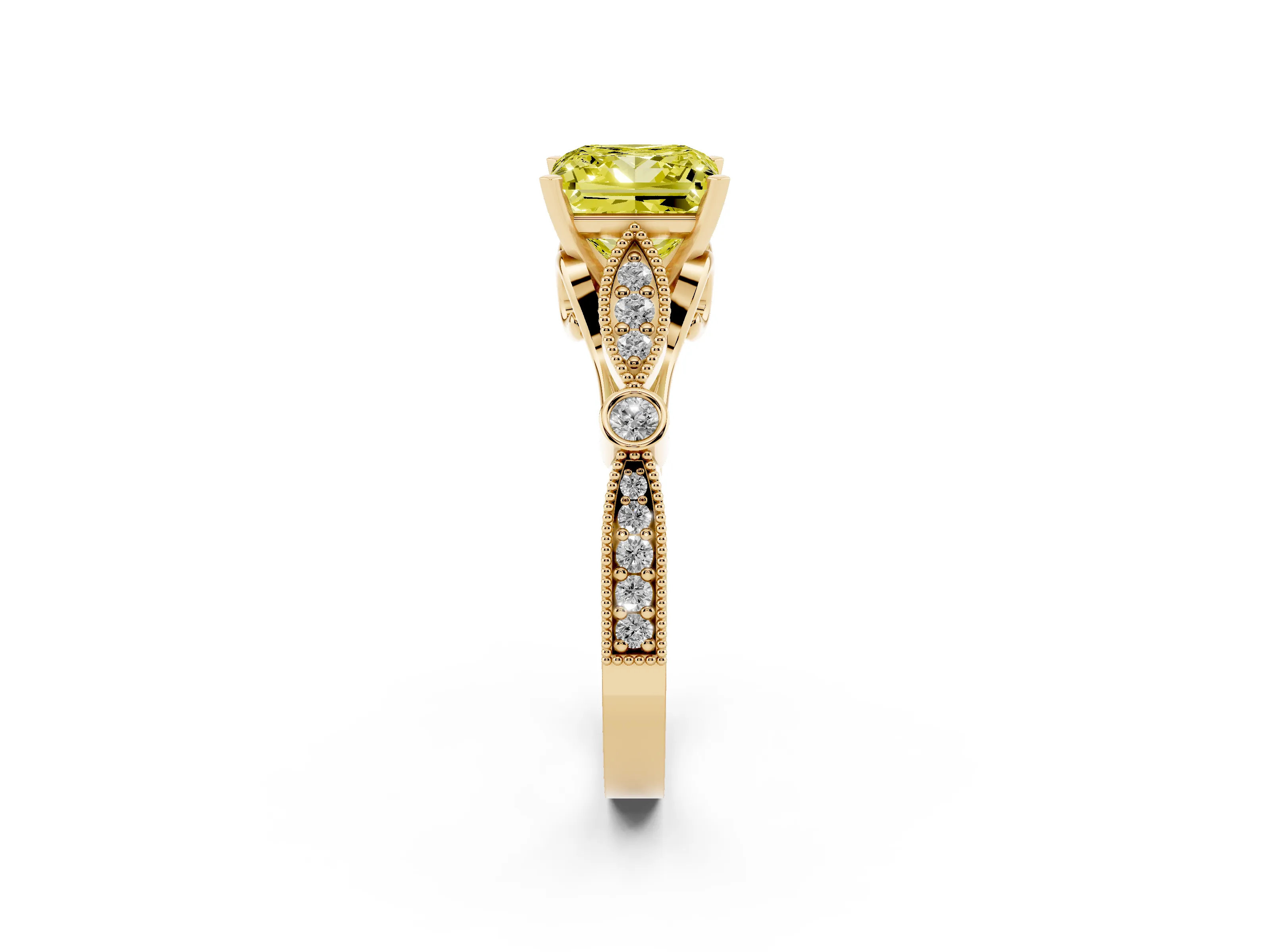Fancy Yellow Princess Cut Diamond Solitaire Ring Set in Yellow gold with Milgrain Marquise and Bezel Accents