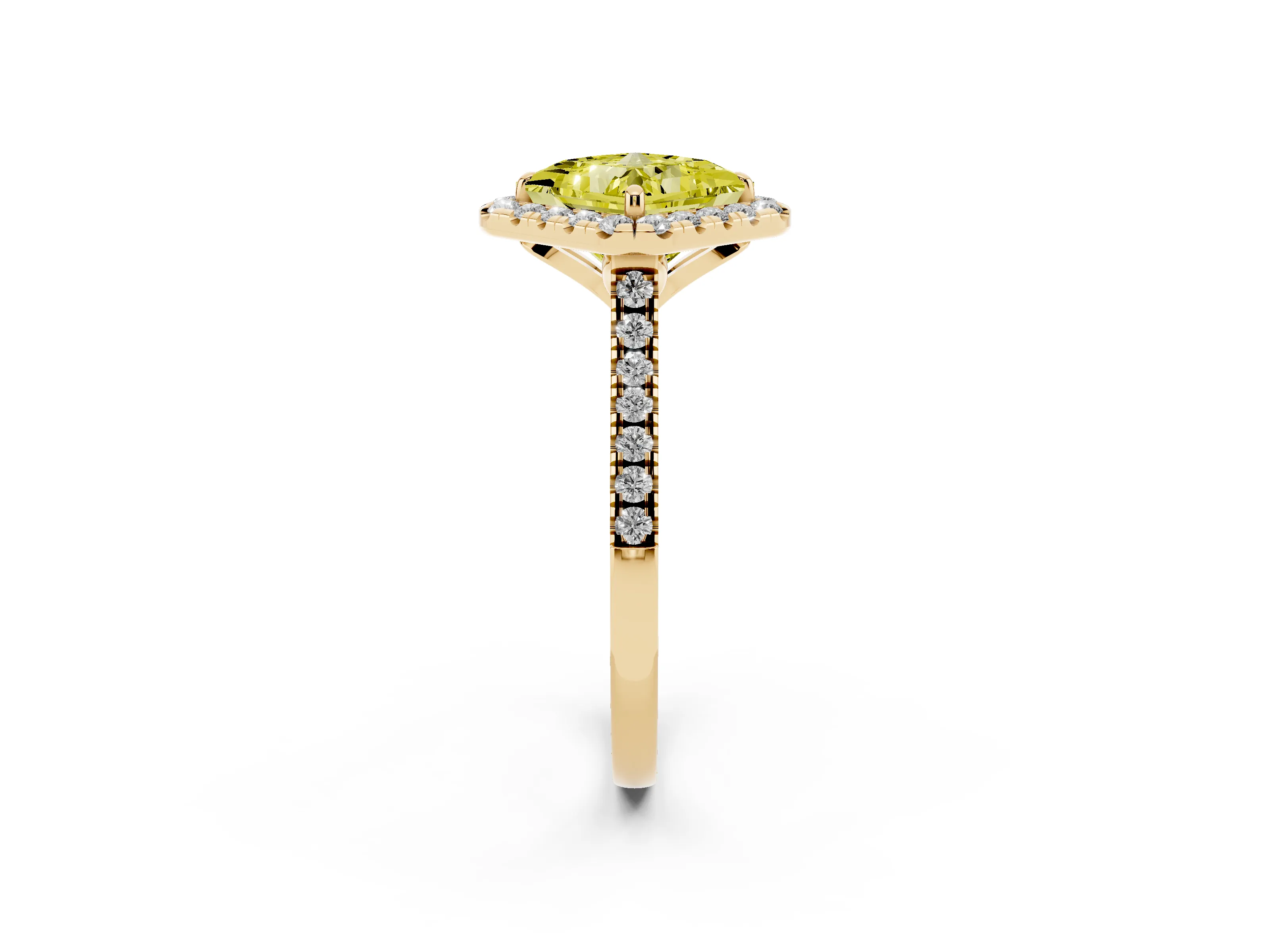 Fancy Yellow Princess Cut Diamond Cushion Halo Ring Set in Yellow gold with Pavé Band