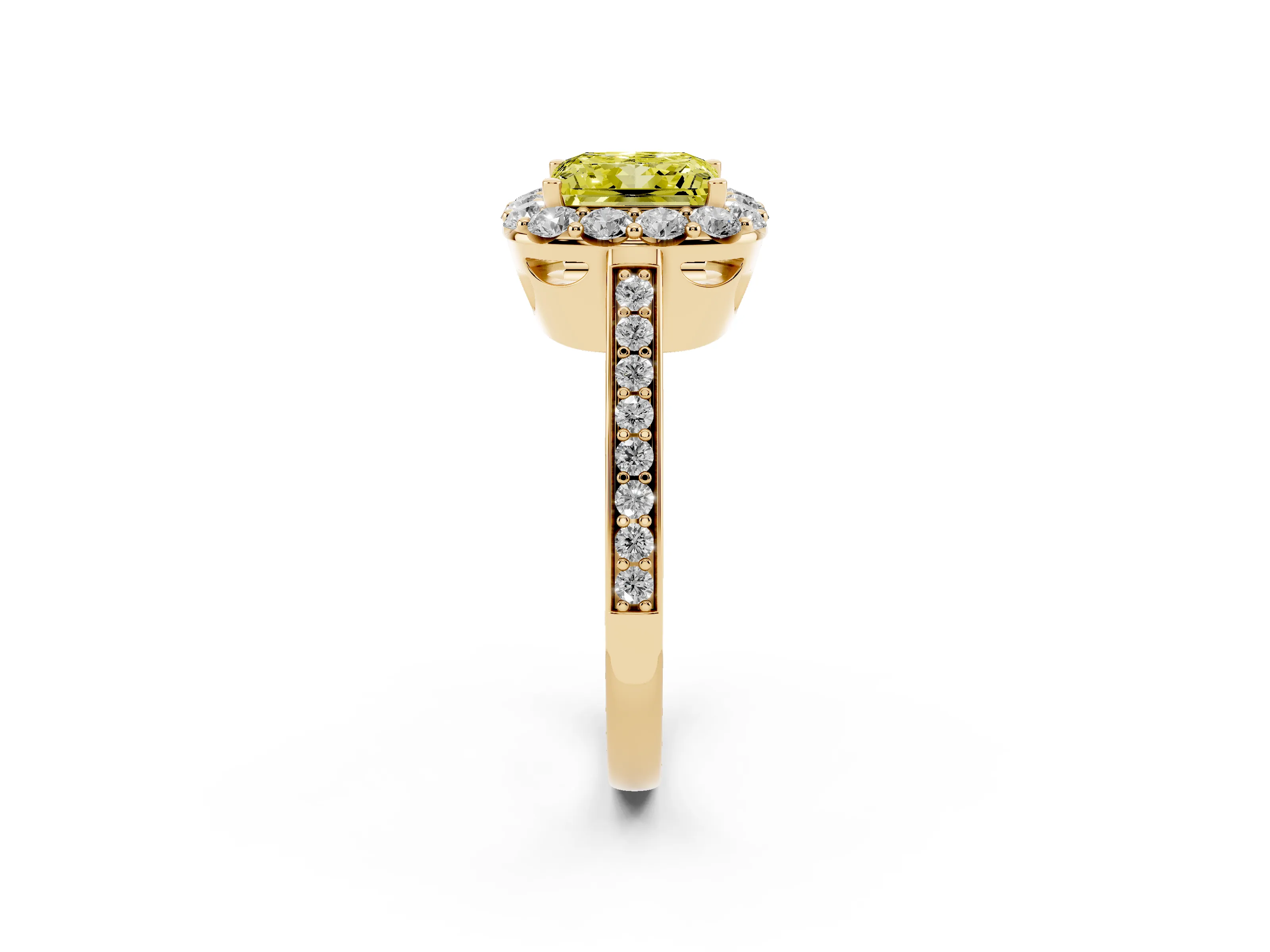 Fancy Yellow Princess Cut Diamond Floral Halo Ring Set in Yellow gold with Pavé Band and Prong Setting