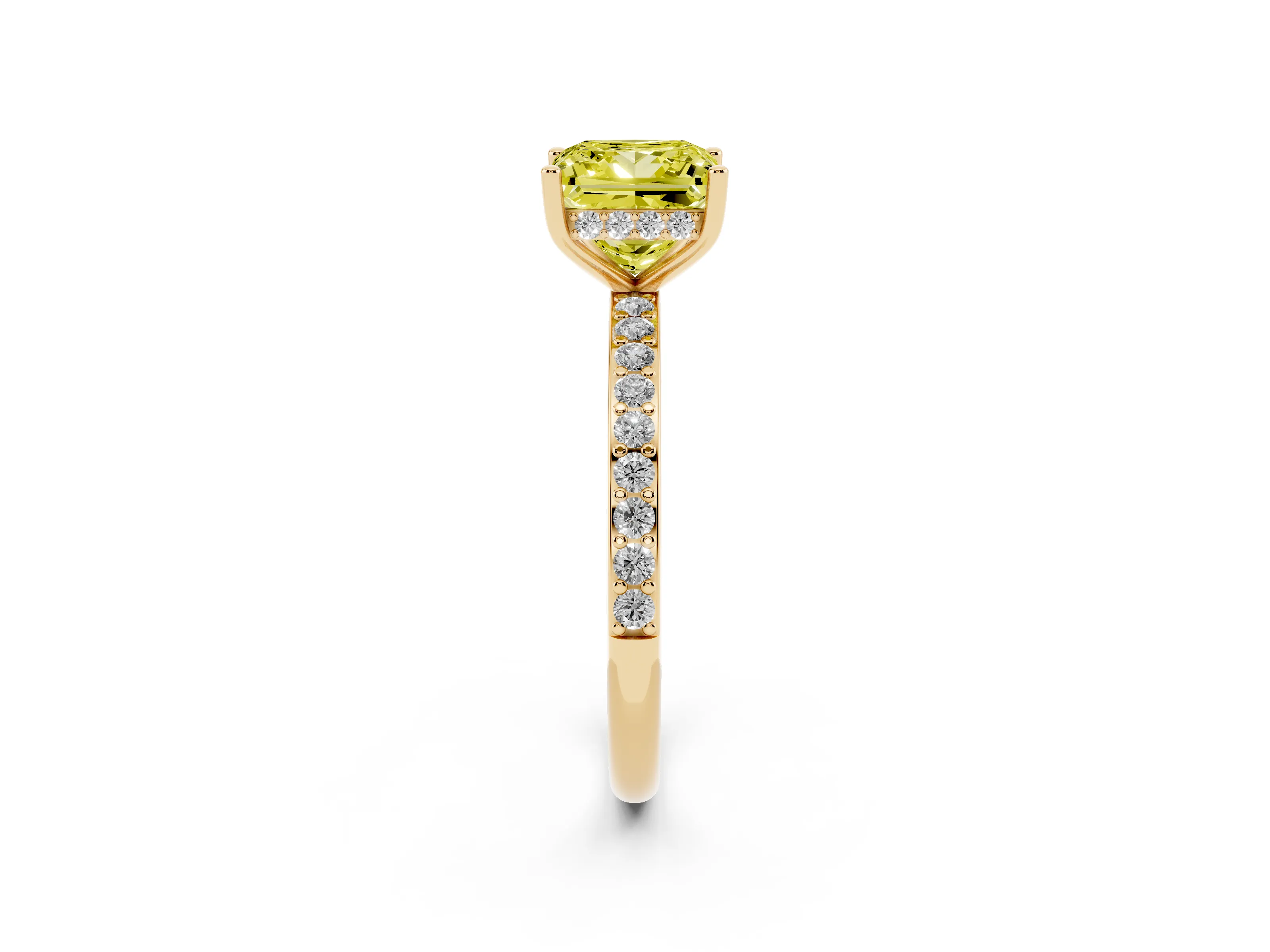 Fancy Yellow Princess Cut Diamond Pavé Band Ring Set in Yellow gold with Prong-Set Center Stone