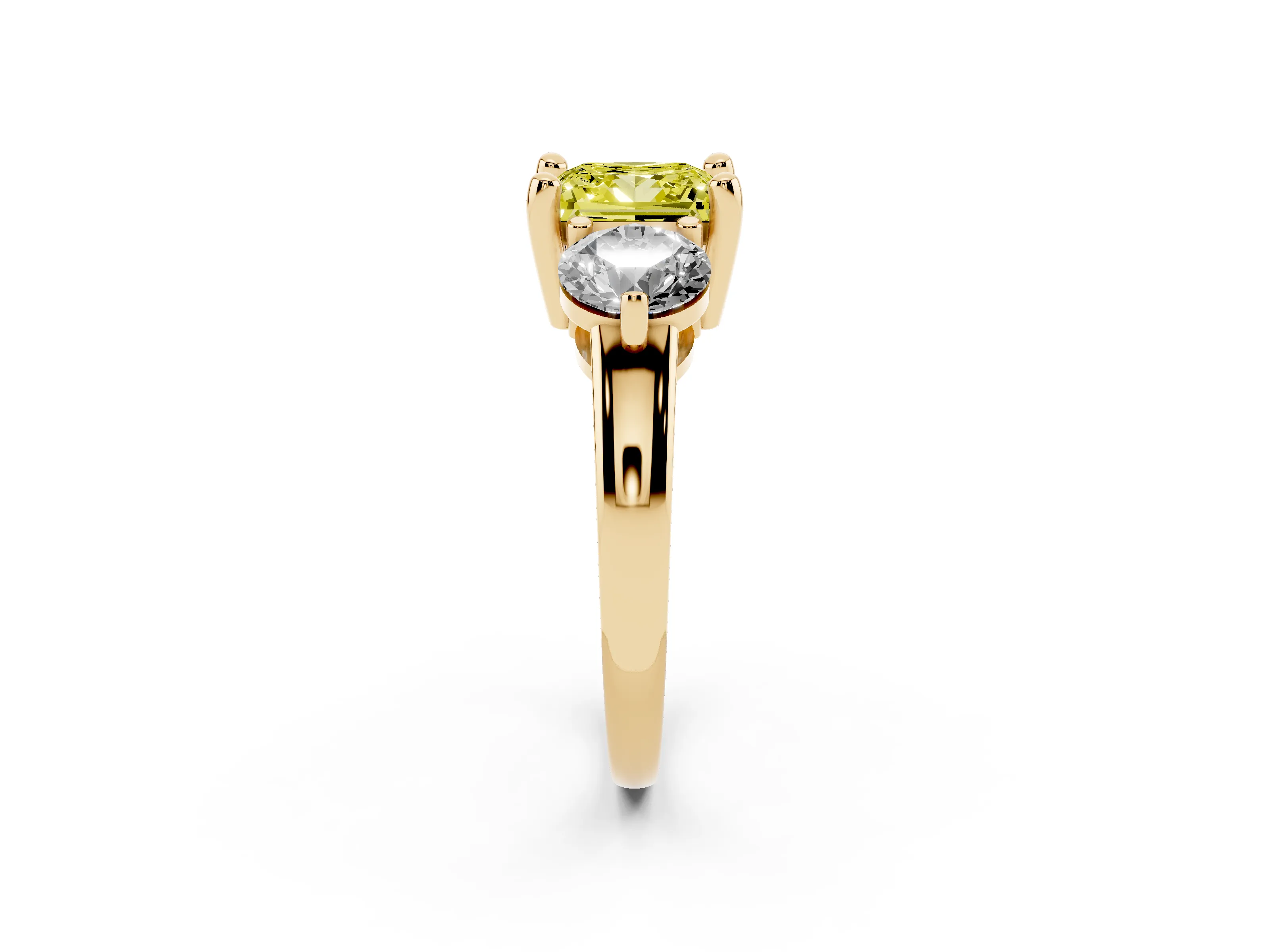 Fancy Yellow Princess Cut Diamond Three-Stone Ring Set in Yellow gold with Prong Setting and Classic Band