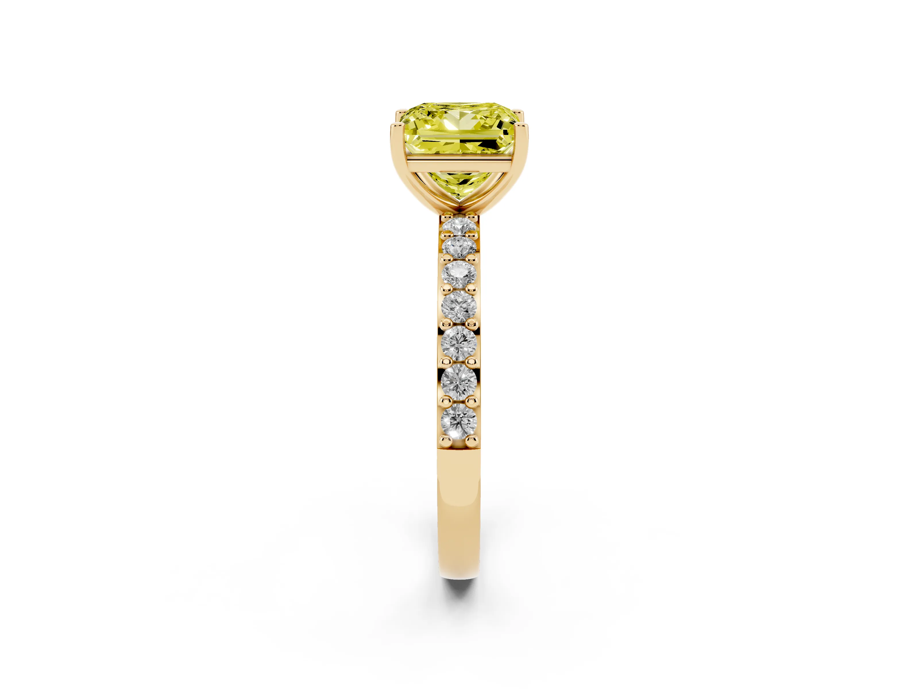Fancy Yellow Princess Cut Diamond Solitaire Set in Yellow gold with Round Pavé Band and Prong Setting