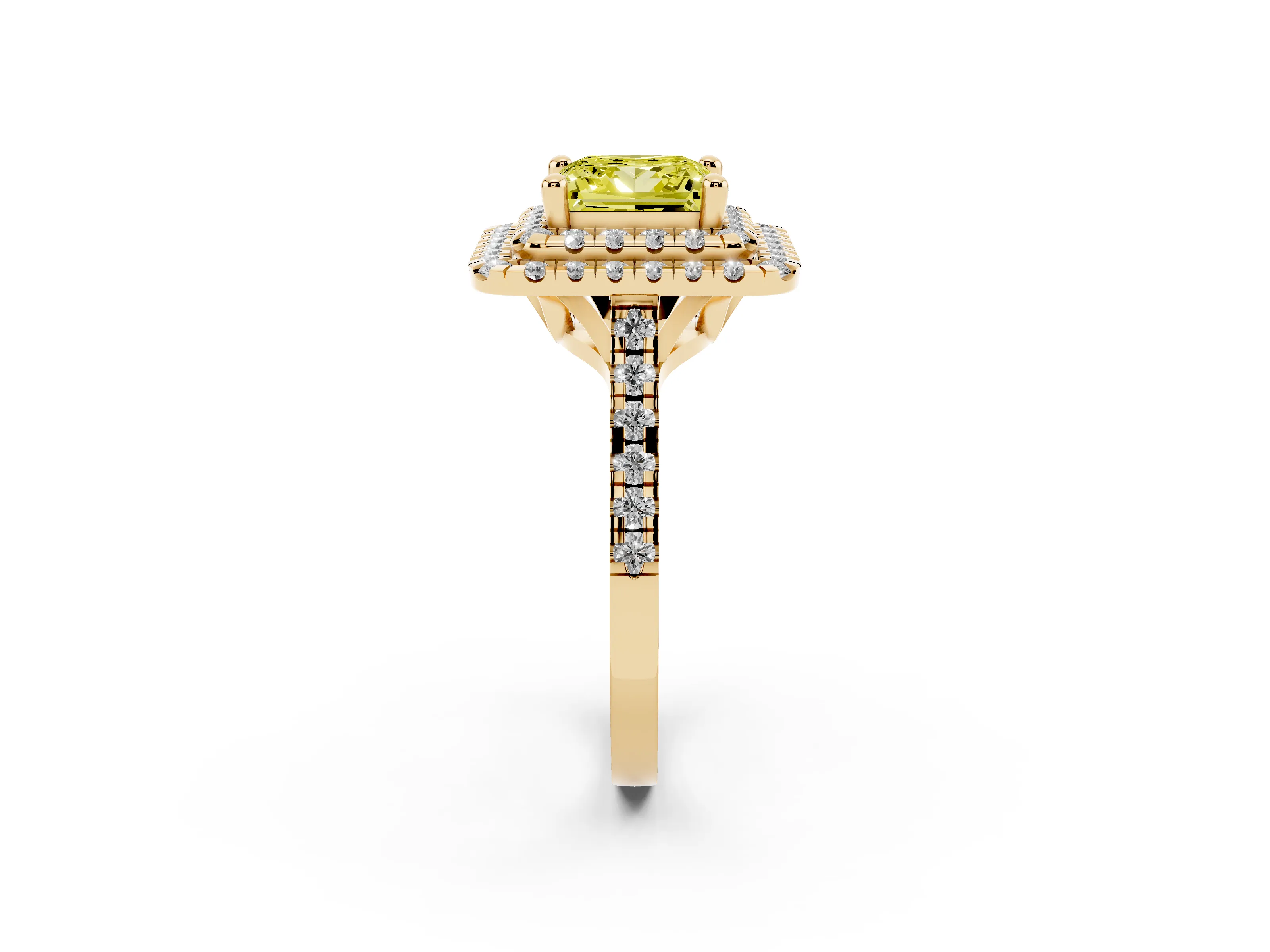 Fancy Yellow Princess Cut Diamond Double Halo Statement Ring Set in Yellow gold with Pavé Band