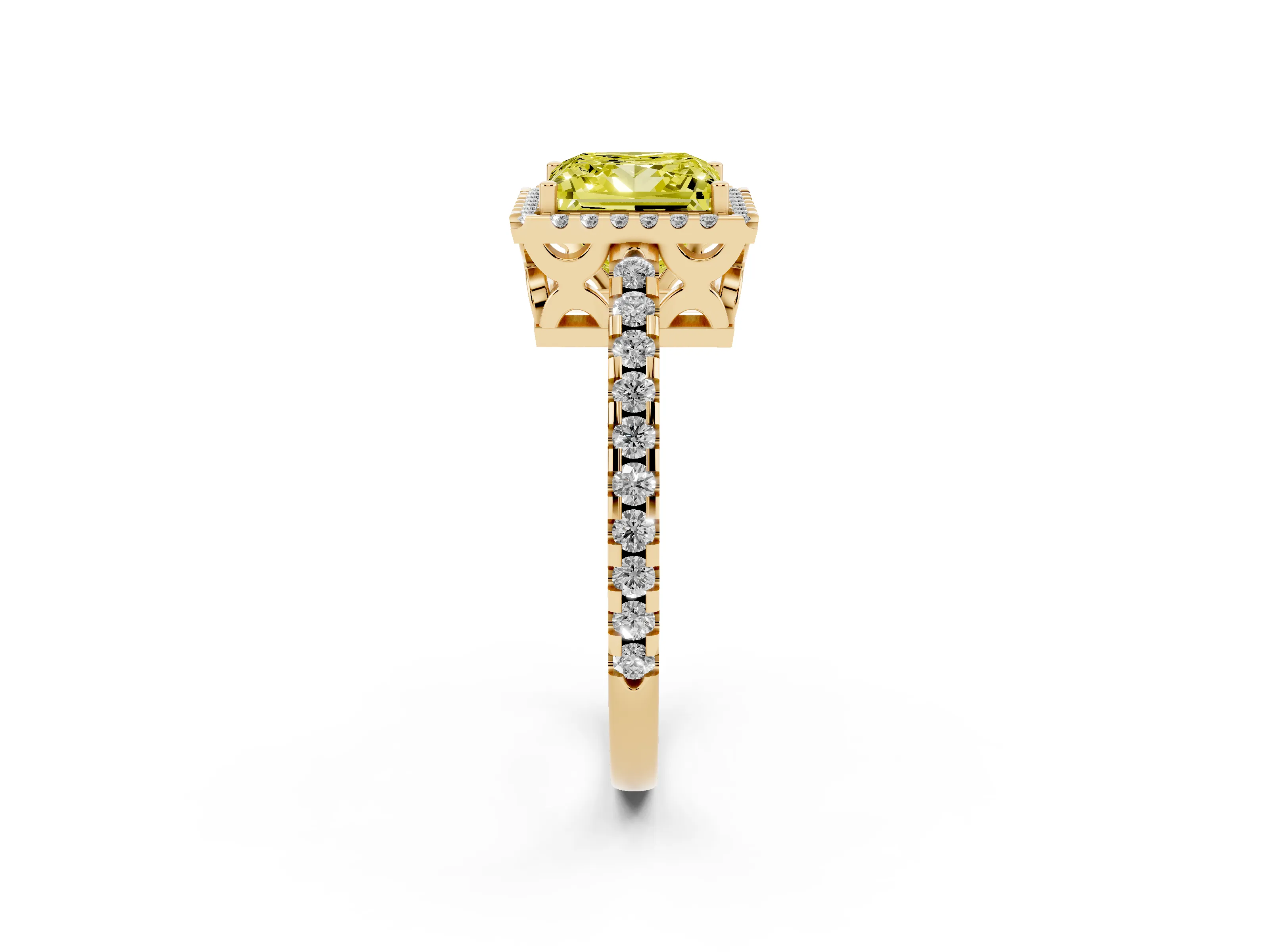 Fancy Yellow Princess Cut Diamond Halo Ring Set in Yellow gold with Pavé Shoulders and Halo-Framed Center