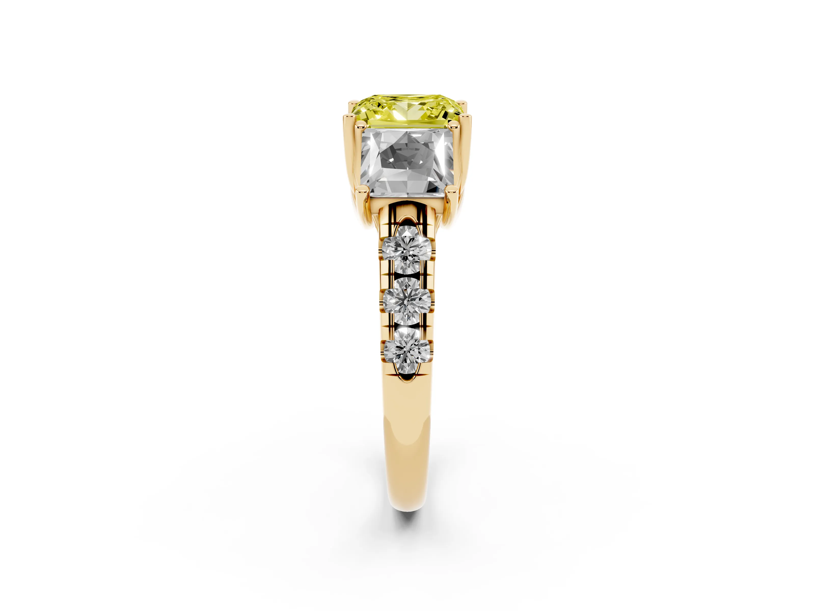 Fancy Yellow Princess Cut Diamond Three-Stone Ring Set in Yellow gold with Pavé Band