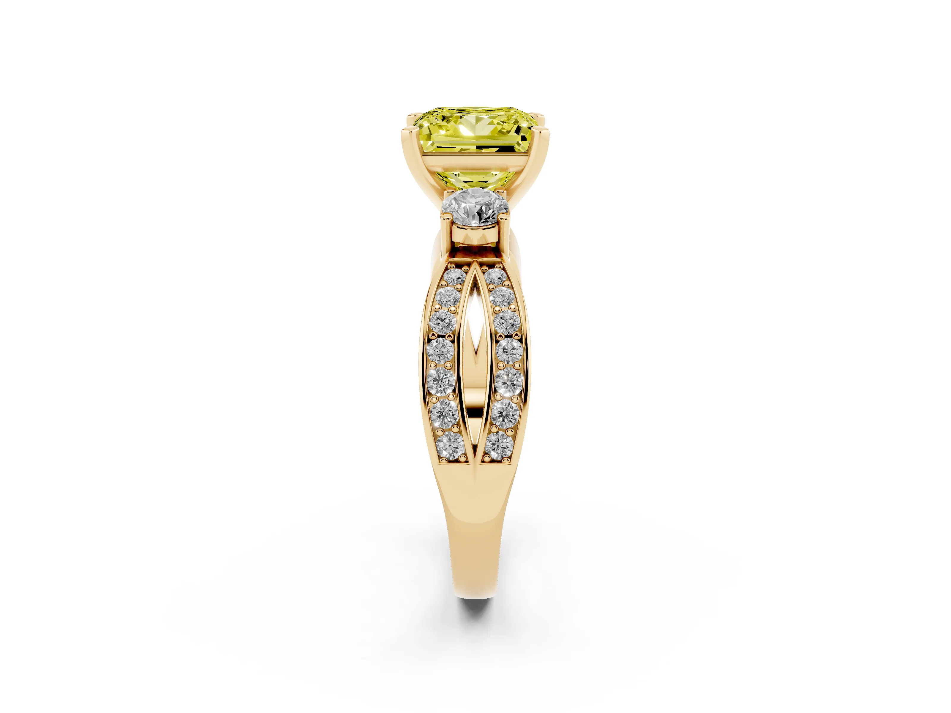 Fancy Yellow Three-Stone Princess Cut Diamond Twist Band Ring Set in Yellow gold with Pavé Accents and Prong Setting