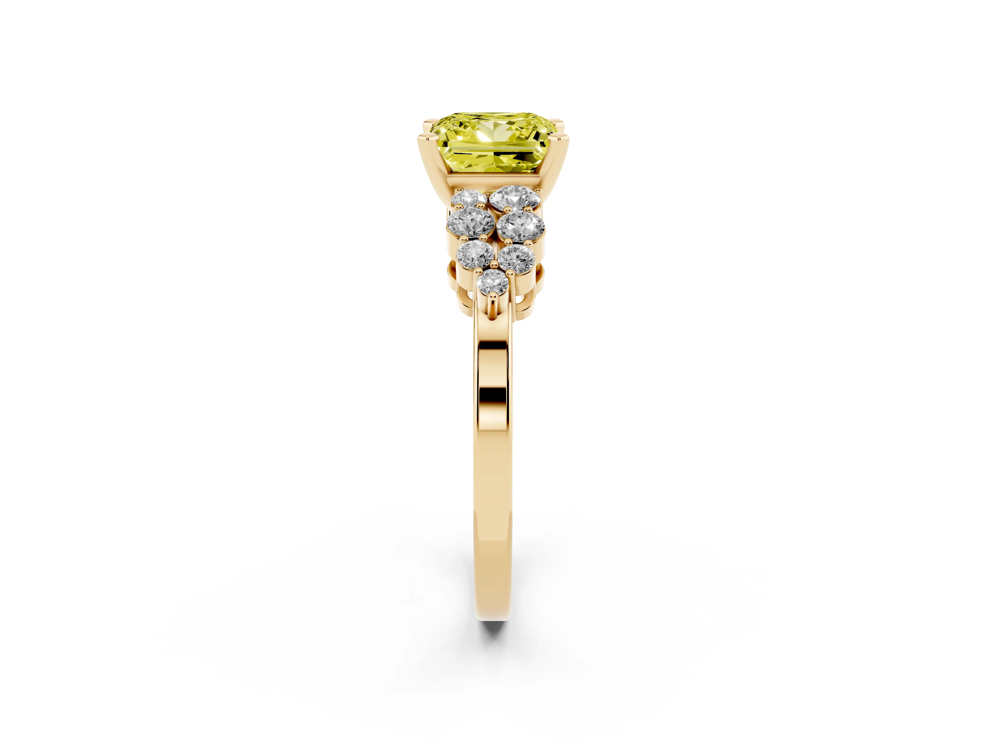 Fancy Yellow Princess Cut Diamond Cluster Engagement Ring Set in Yellow gold with Pavé Band and Prong Setting