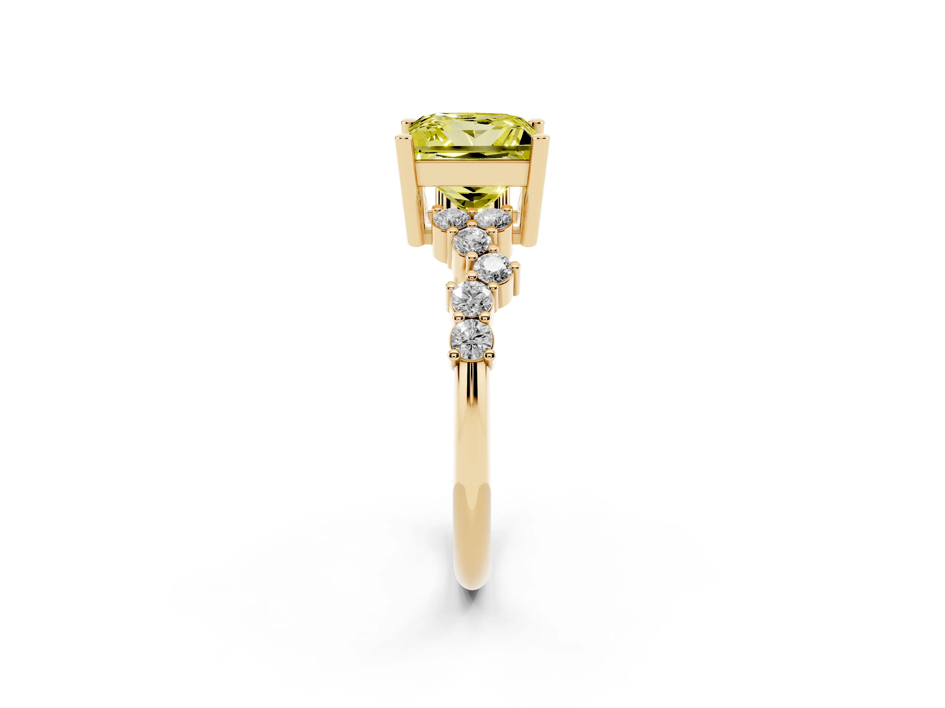Fancy Yellow Princess Cut Diamond Ring Set in Yellow gold with Scattered Round Accents