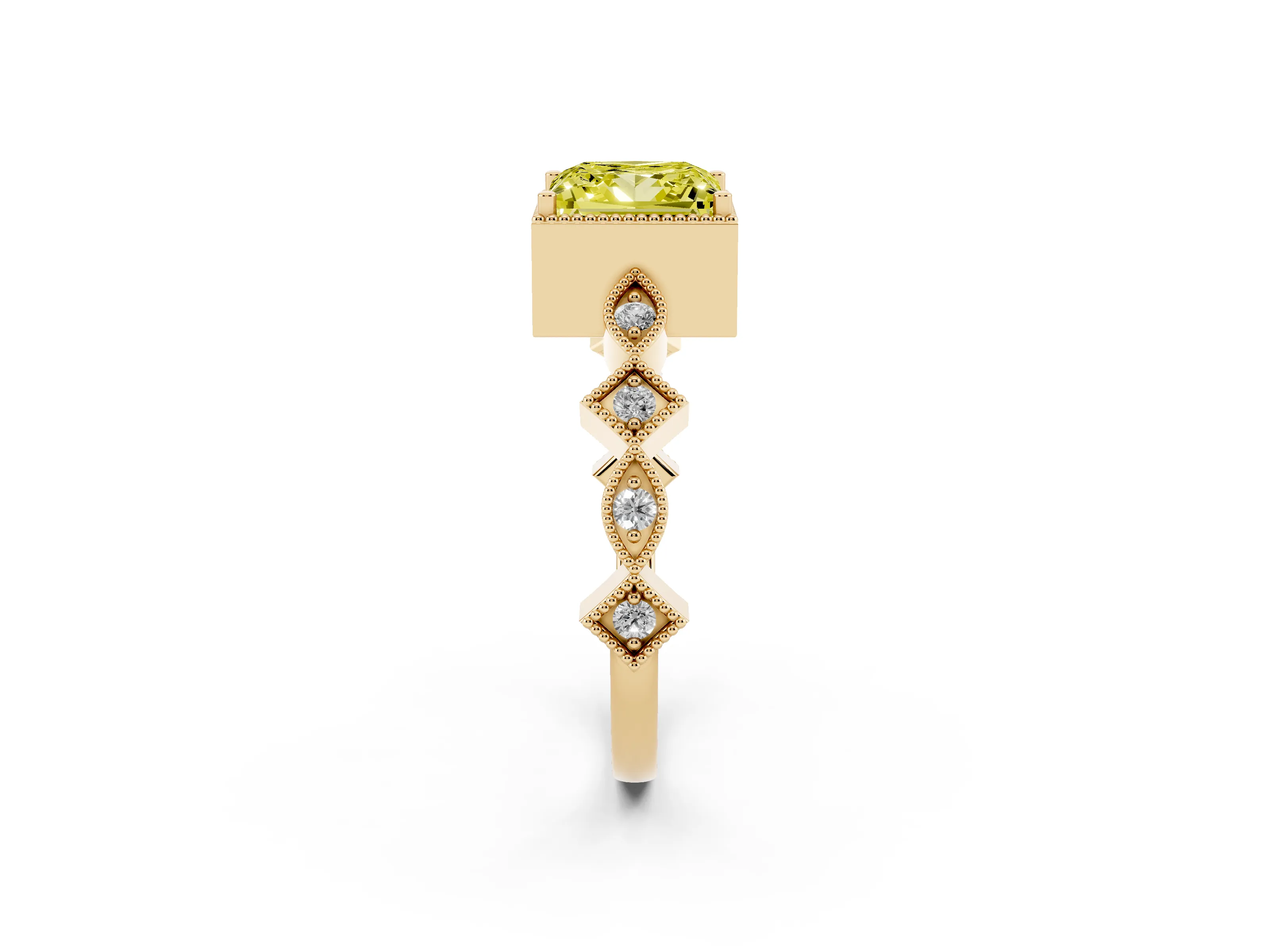 Fancy Yellow Princess Cut Diamond Milgrain Marquise Twist Band Ring Set in Yellow gold with Prong Setting
