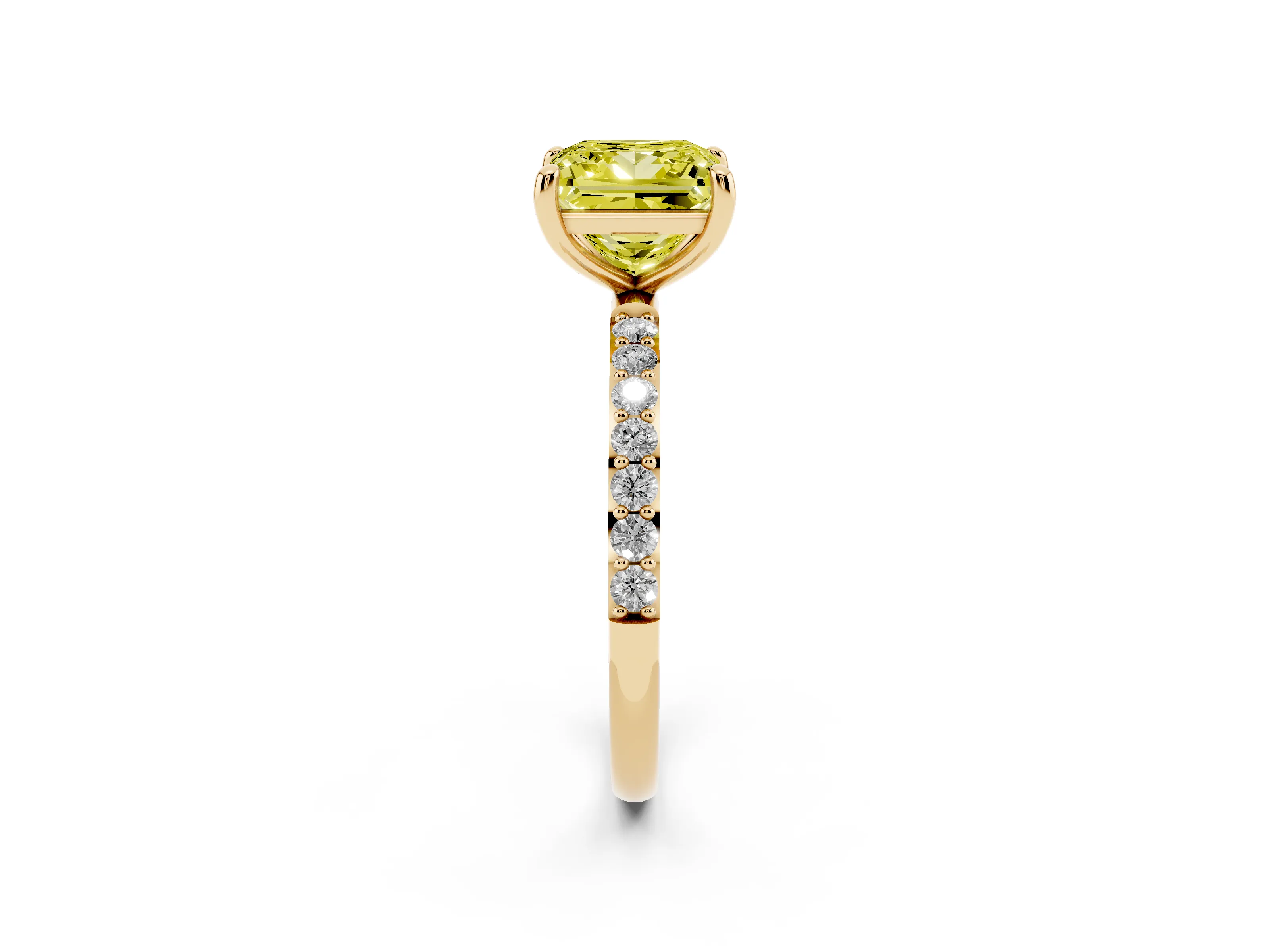 Fancy Yellow Princess Cut Diamond Solitaire Ring Set in Yellow gold with Round Pavé Band and Prong Setting