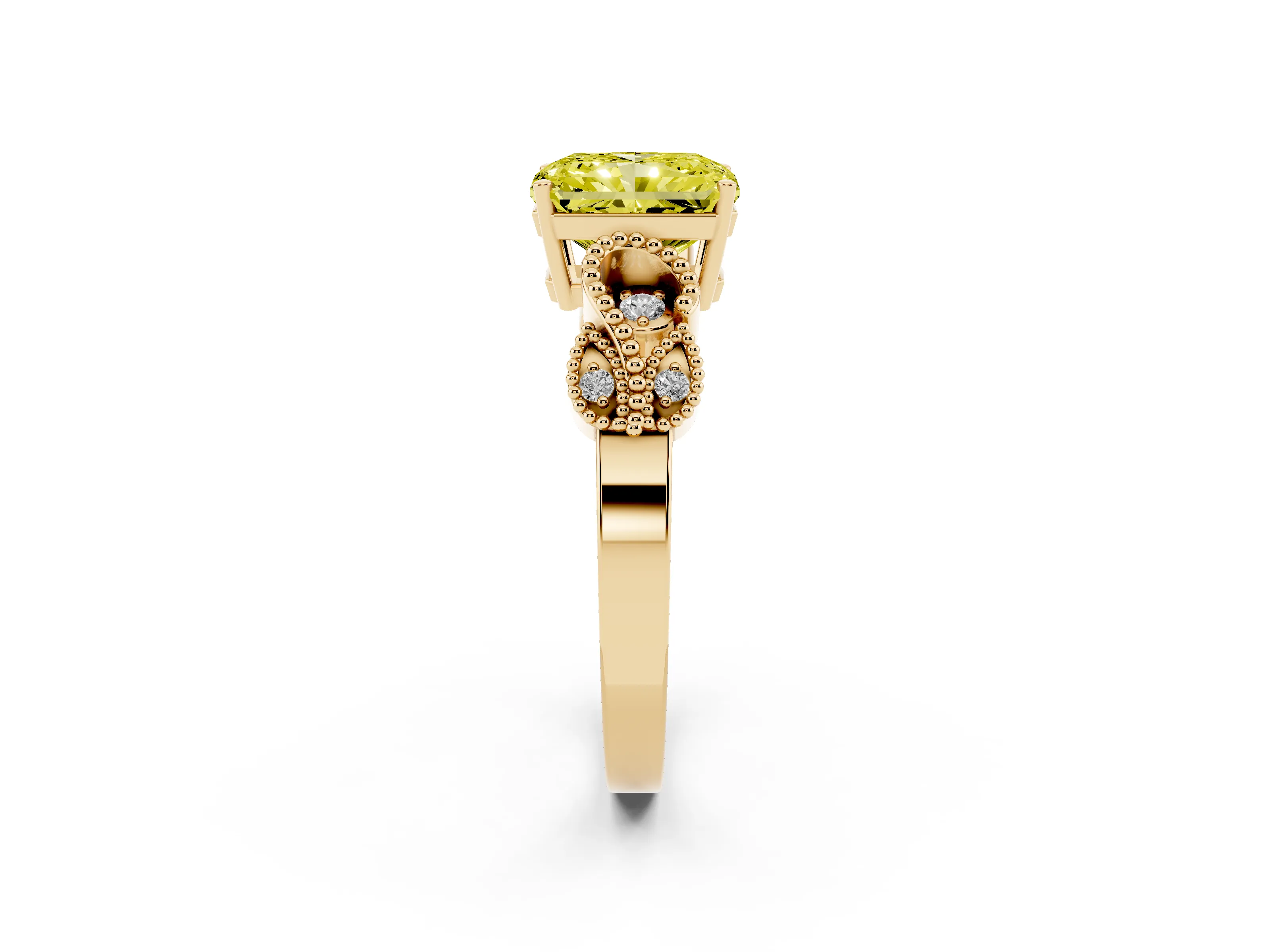 Fancy Yellow Princess Cut Diamond Milgrain Leaf Band Solitaire Ring Set in Yellow gold with Accent Stones and Prong Setting