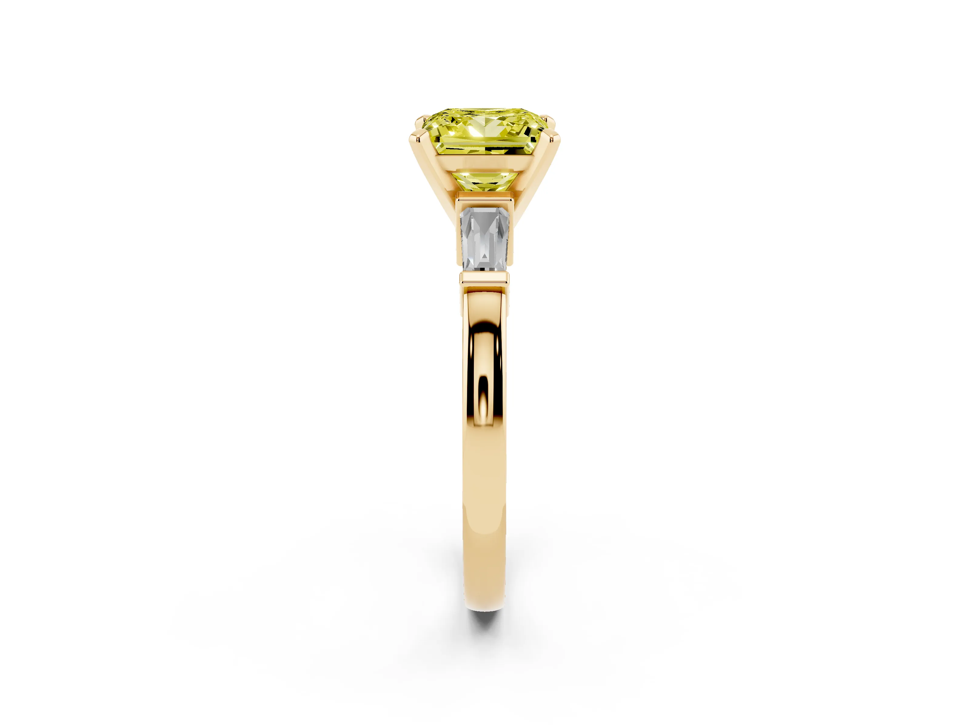 Fancy Yellow Princess Cut Diamond Solitaire Ring Set in Yellow gold with Tapered Baguette Accents and Prong Setting