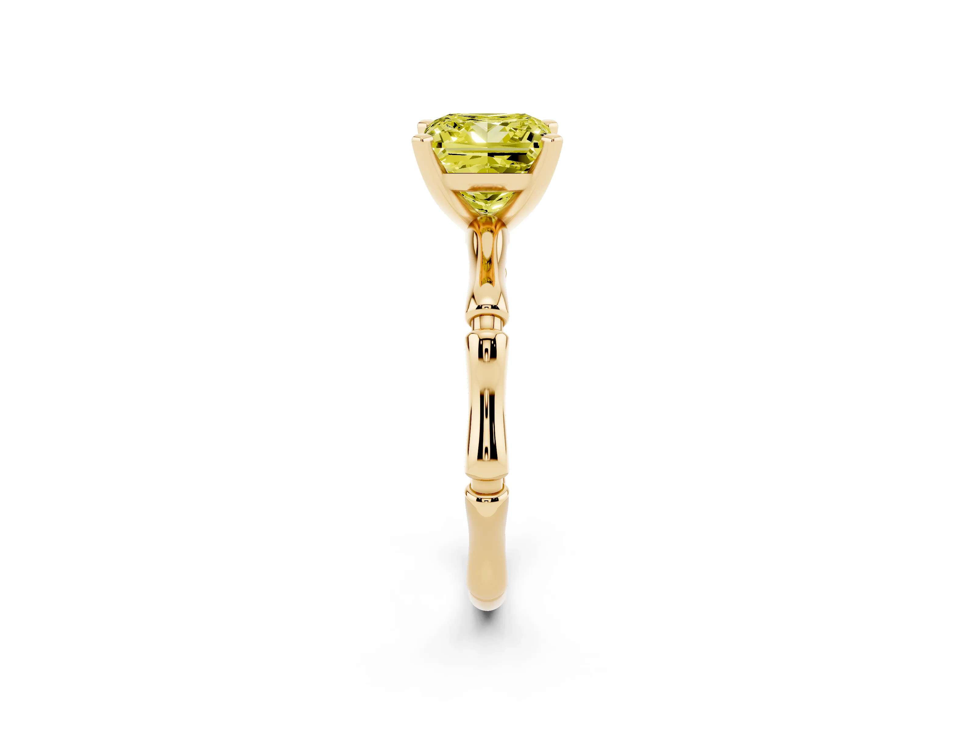 Fancy Yellow Princess Cut Diamond Solitaire Ring Set in Yellow gold with Bamboo Band and Prong Setting