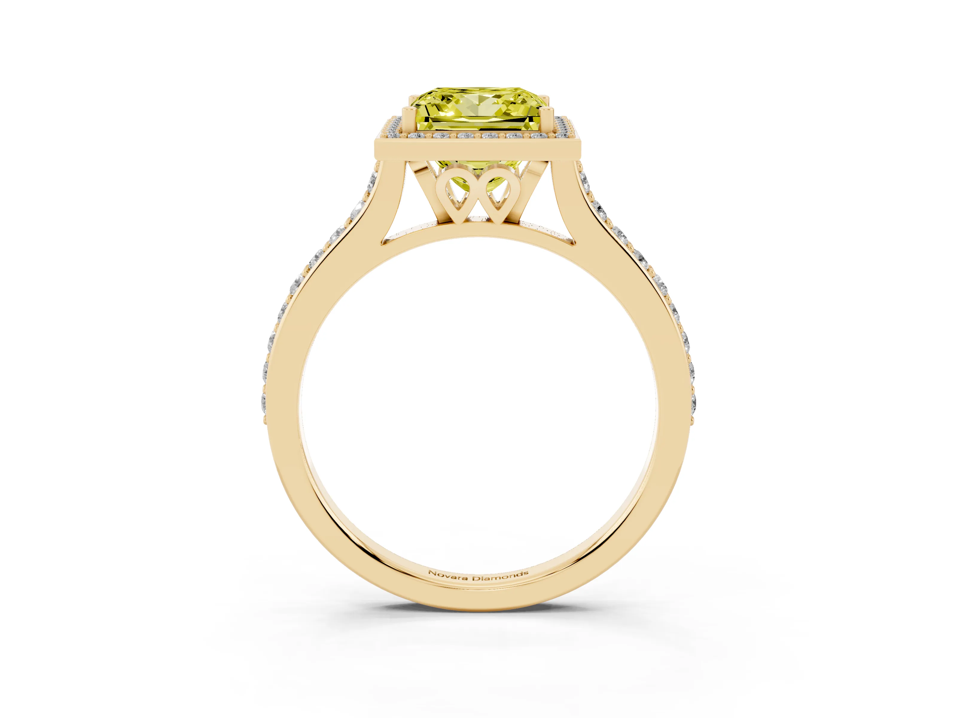 Fancy Yellow Princess Cut Diamond Halo Engagement Ring Set in Yellow gold with Round Pavé Shoulders and Heart Gallery