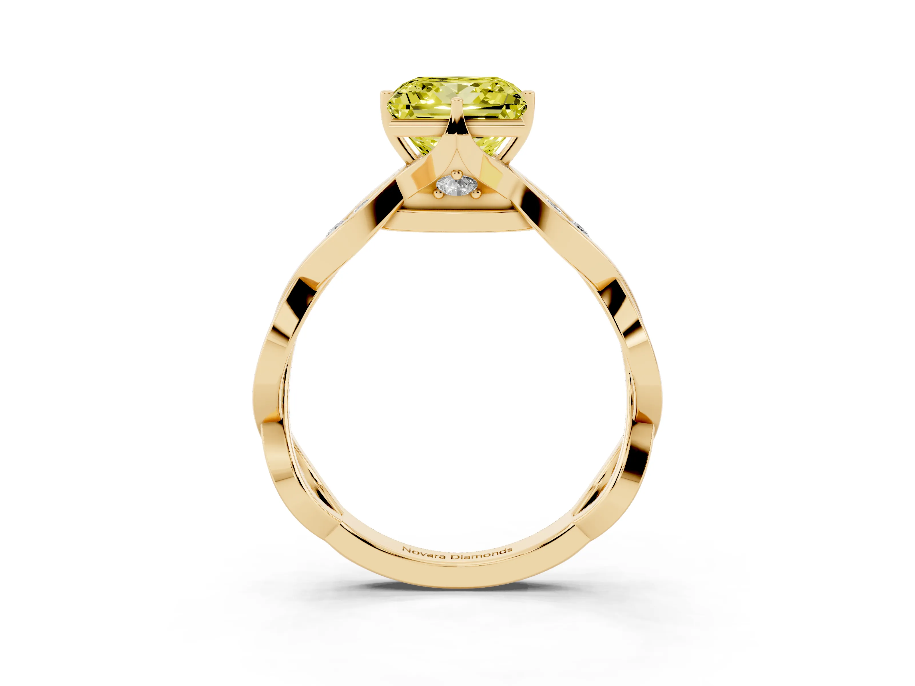 Fancy Yellow Princess Cut Diamond Twist Band Solitaire Ring Set in Yellow gold with Leaf Prong Setting and Accent Stones