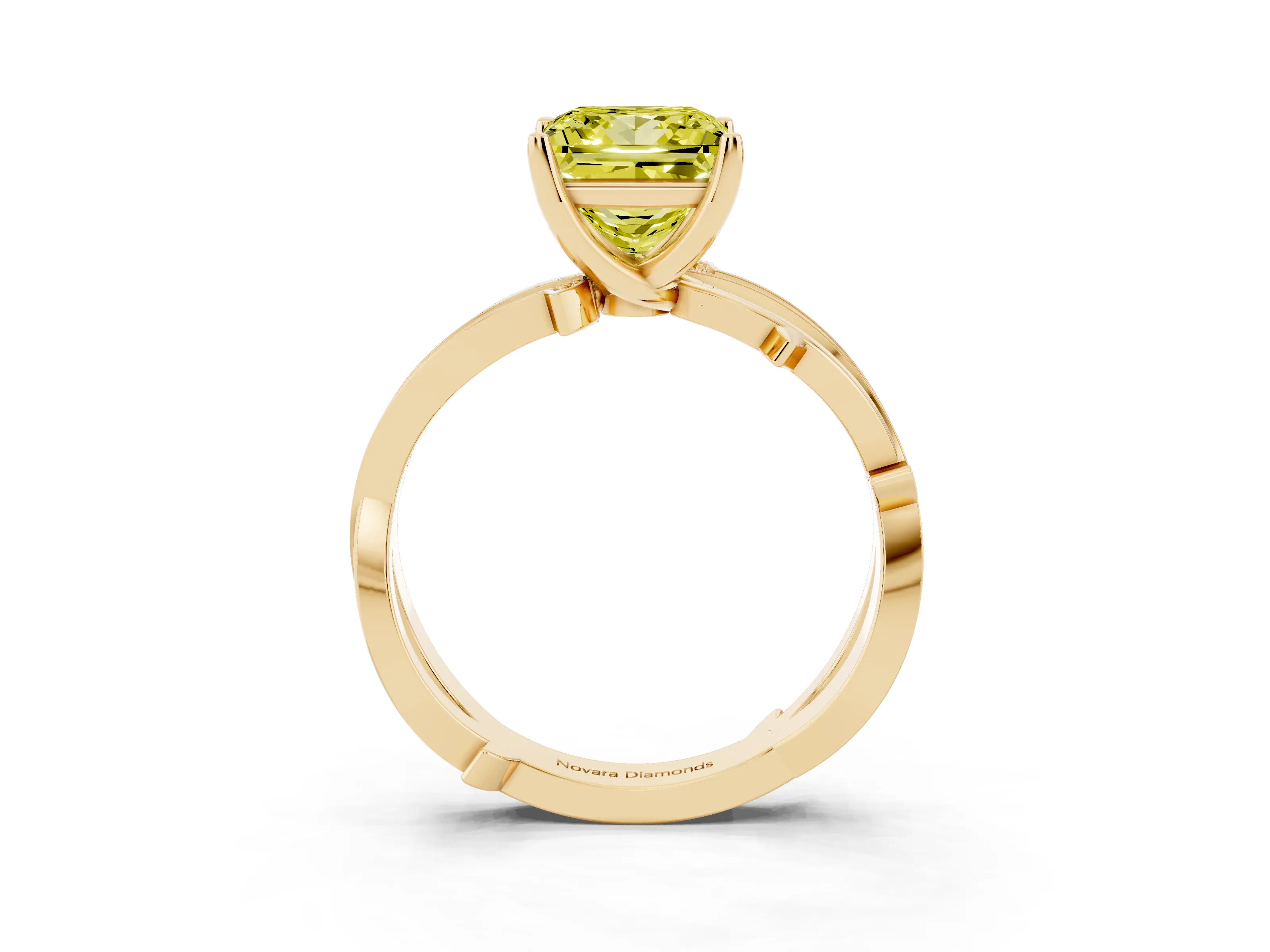 Fancy Yellow Princess Cut Diamond Pavé Twist Band Solitaire Ring Set in Yellow gold with Prong Setting