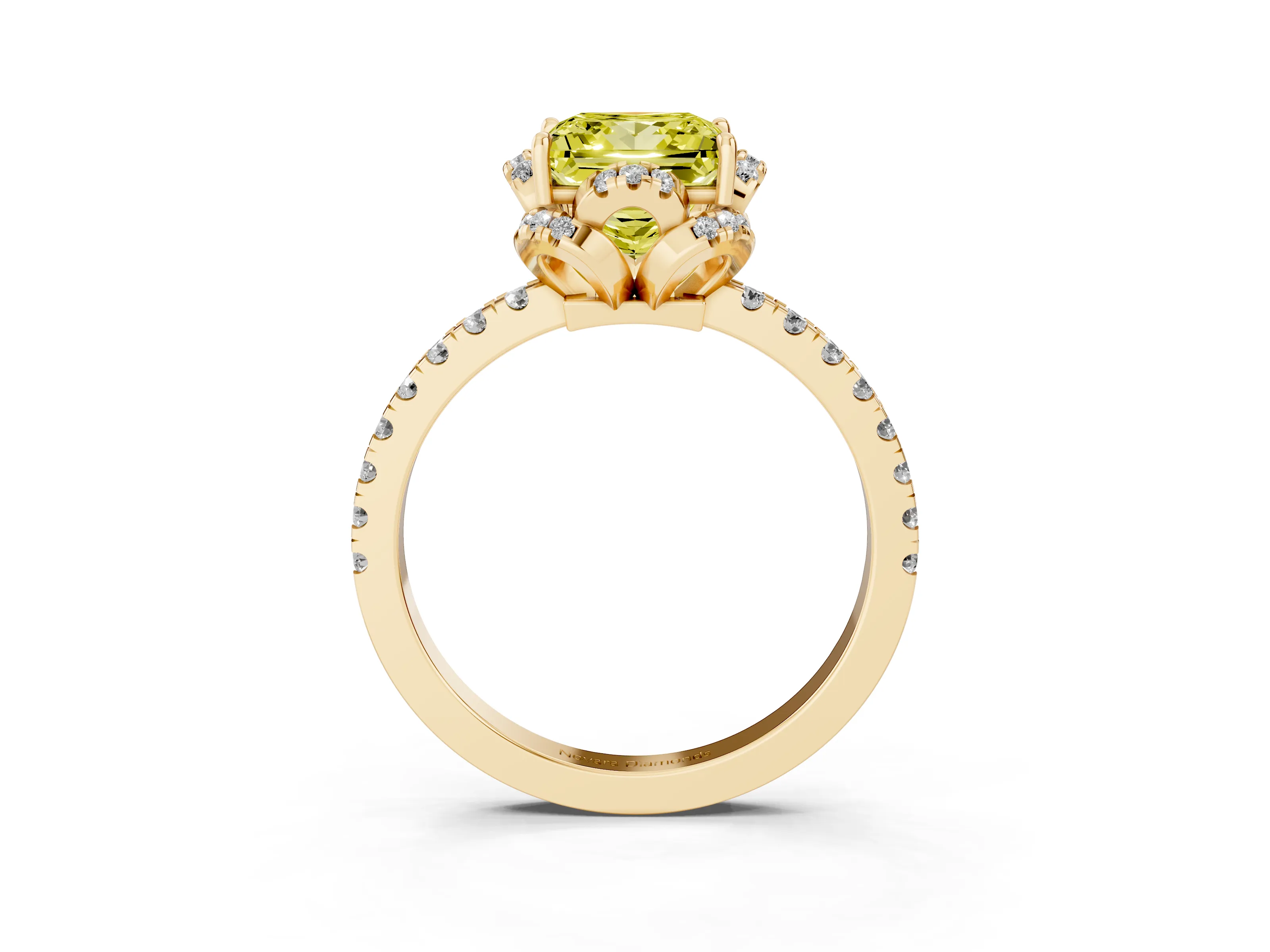 Fancy Yellow Princess Cut Diamond Halo Pavé Band Ring Set in Yellow gold with Prong-Held Center
