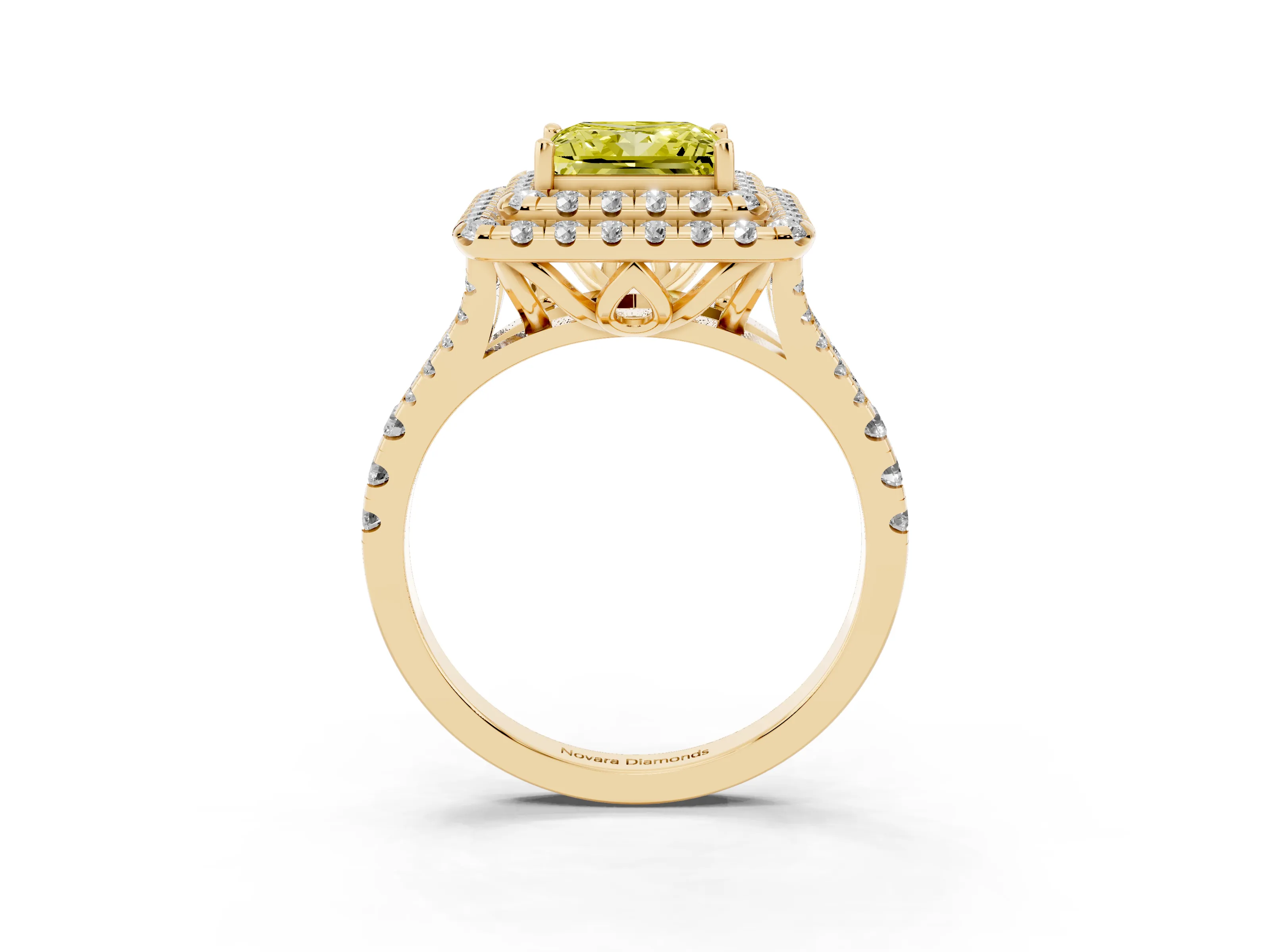 Fancy Yellow Princess Cut Diamond Double Halo Ring Set in Yellow gold with Pavé Split Shank and Prong Setting