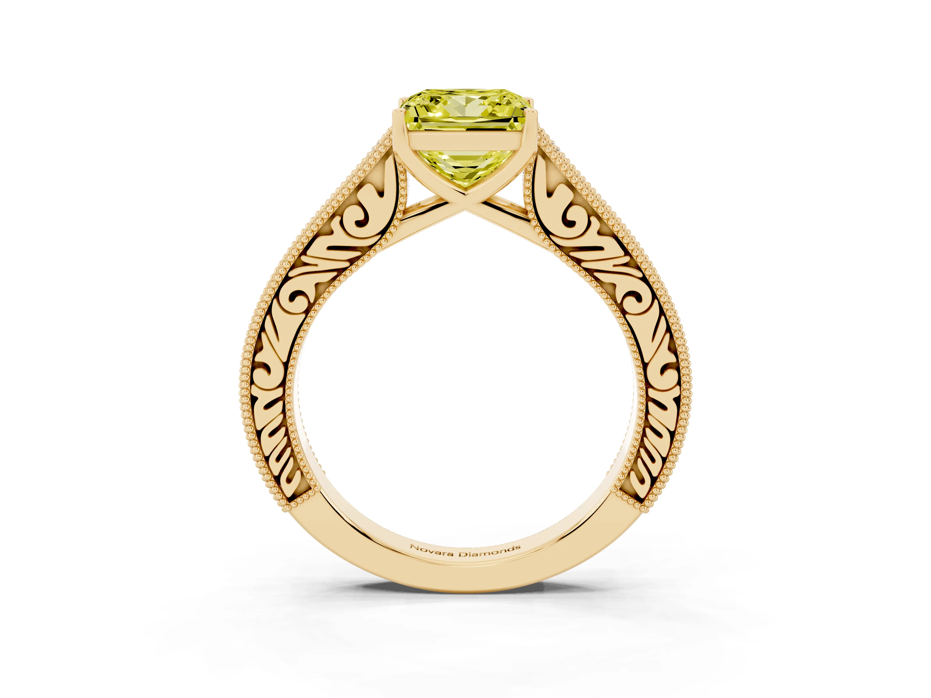 Fancy Yellow Princess Cut Diamond Milgrain Pavé Band Solitaire Ring Set in Yellow gold with Prong Setting
