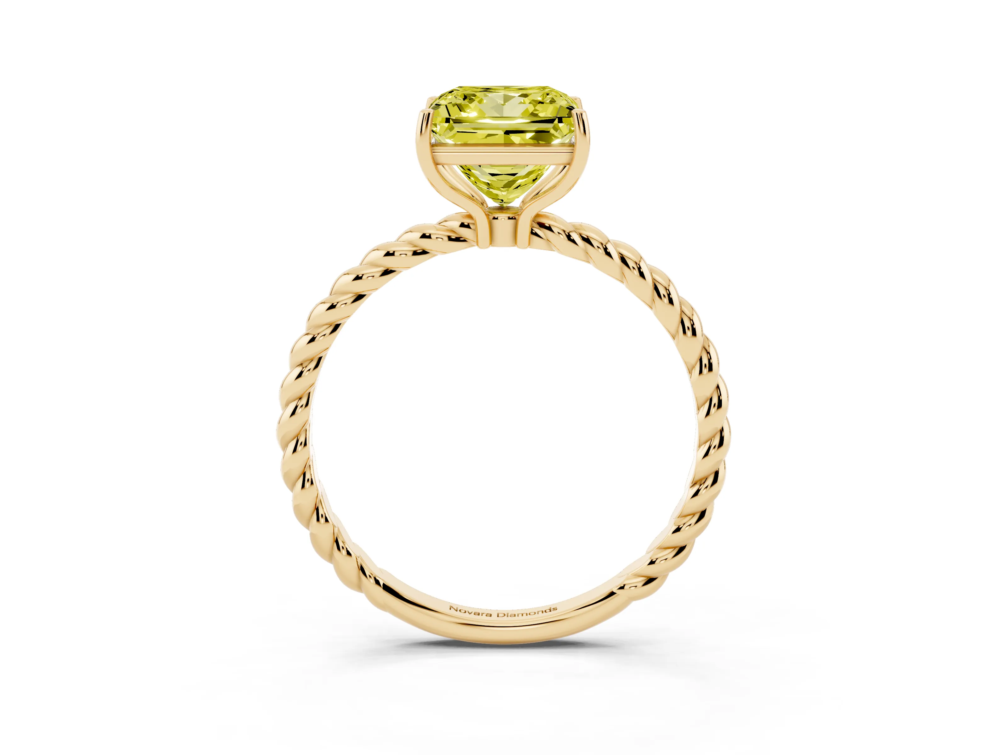 Fancy Yellow Princess Cut Diamond Solitaire Ring Set in Yellow gold with Twist Band and Prong Setting