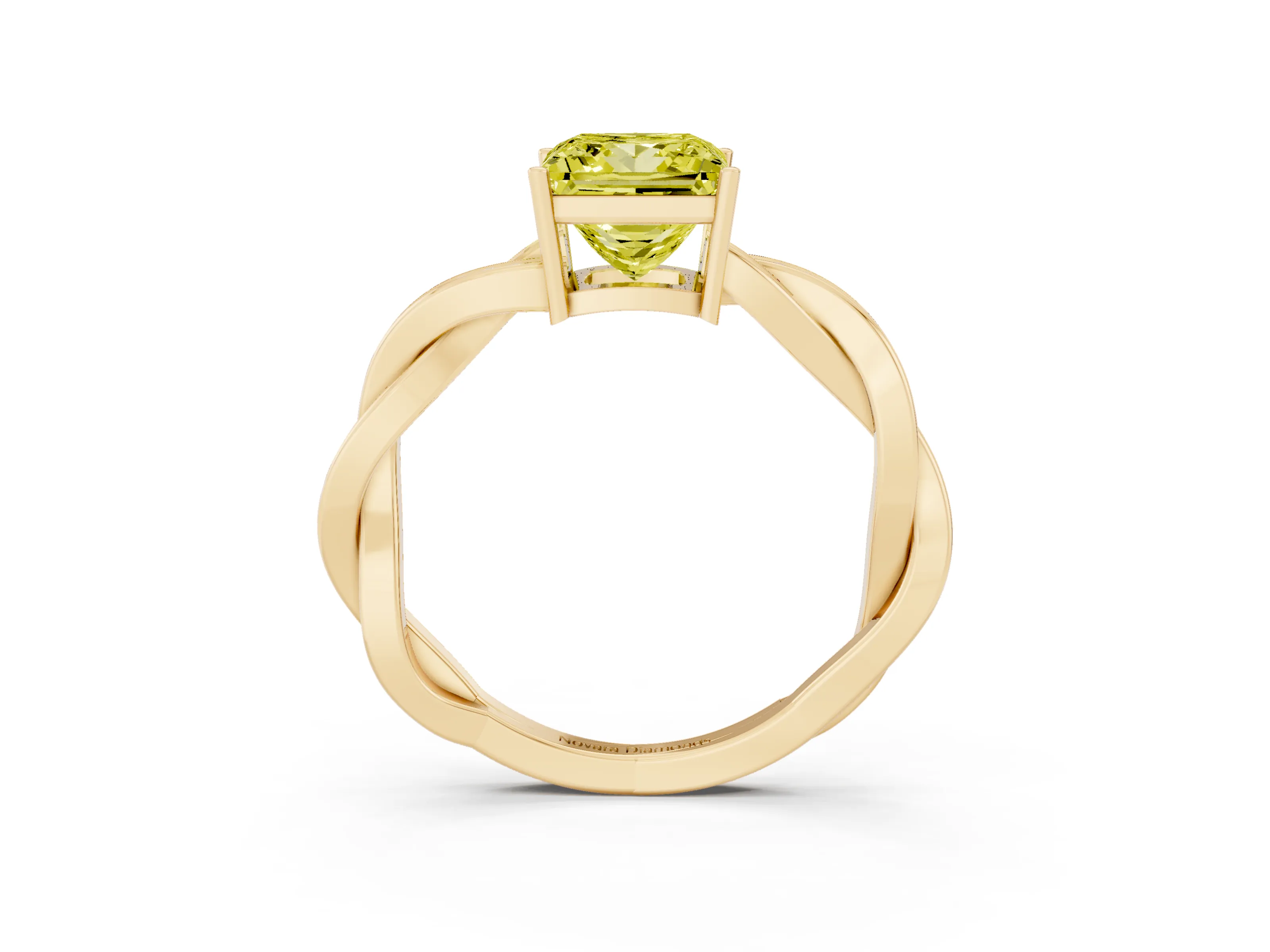 Fancy Yellow Princess Cut Diamond Solitaire Twisted Pavé Ring Set in Yellow gold with Prong Setting