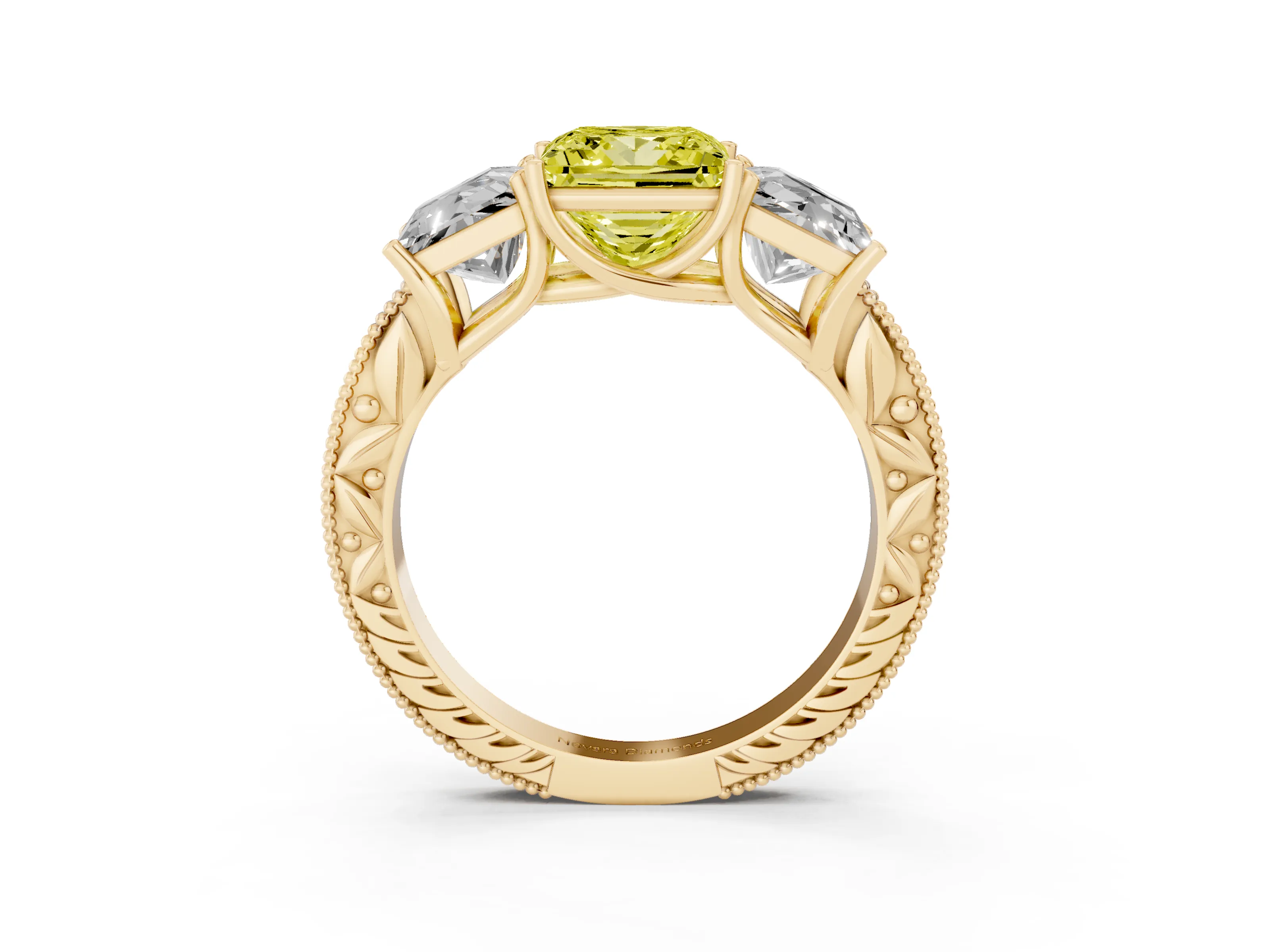 Fancy Yellow Princess Cut Diamond Three-Stone Engagement Ring Set in Yellow gold with Milgrain Pavé Band