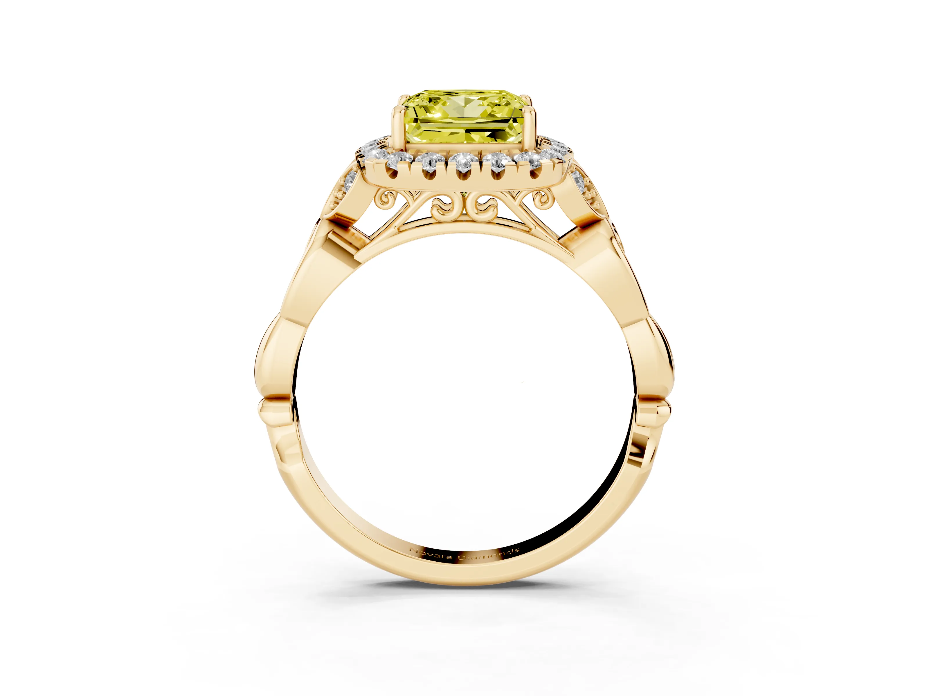 Fancy Yellow Princess Cut Diamond Halo Engagement Ring Set in Yellow gold with Vintage-Inspired Band and Prong Setting