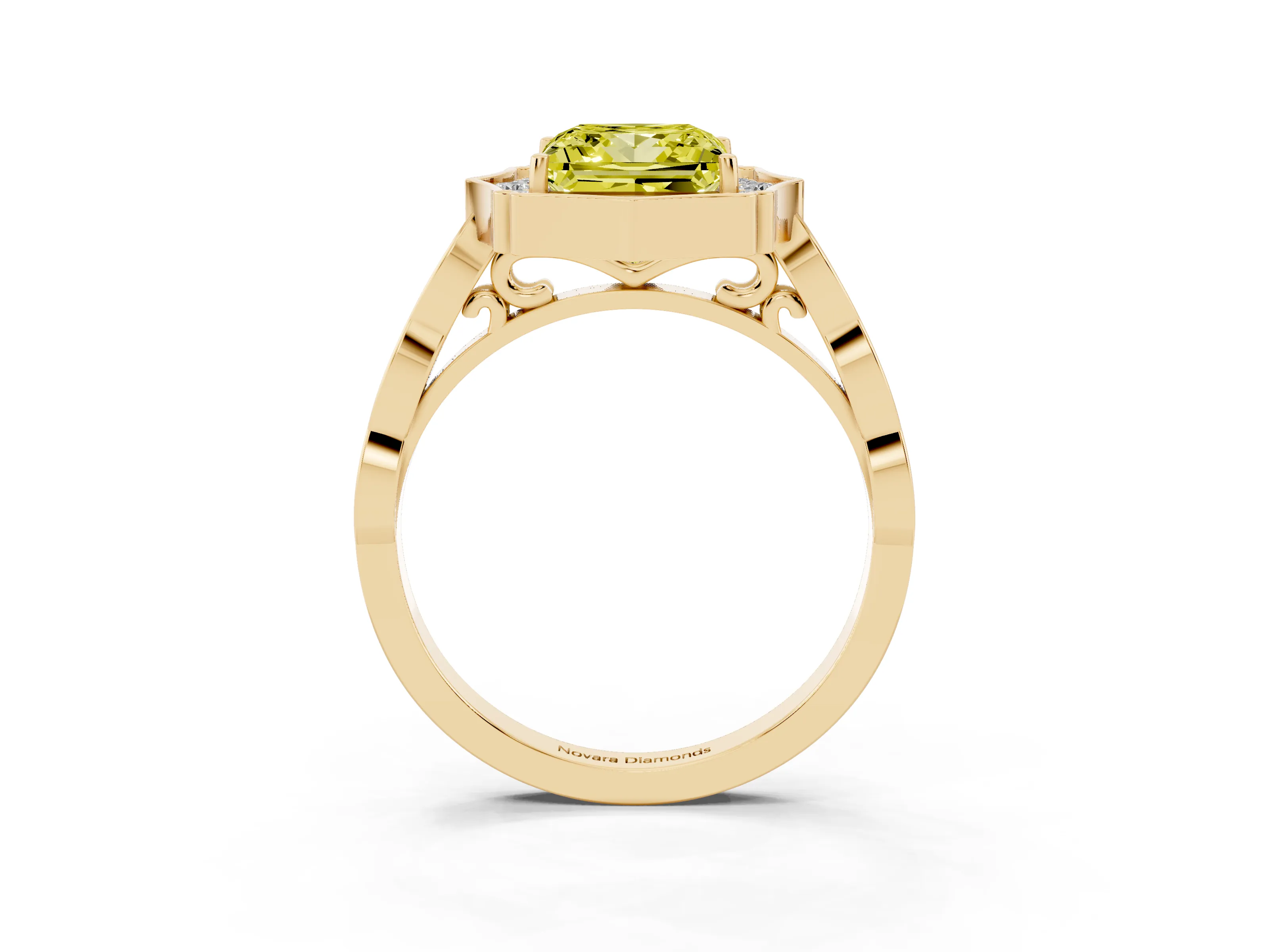 Fancy Yellow Princess Cut Diamond Halo Engagement Ring Set in Yellow gold with Milgrain Band and Prong Setting