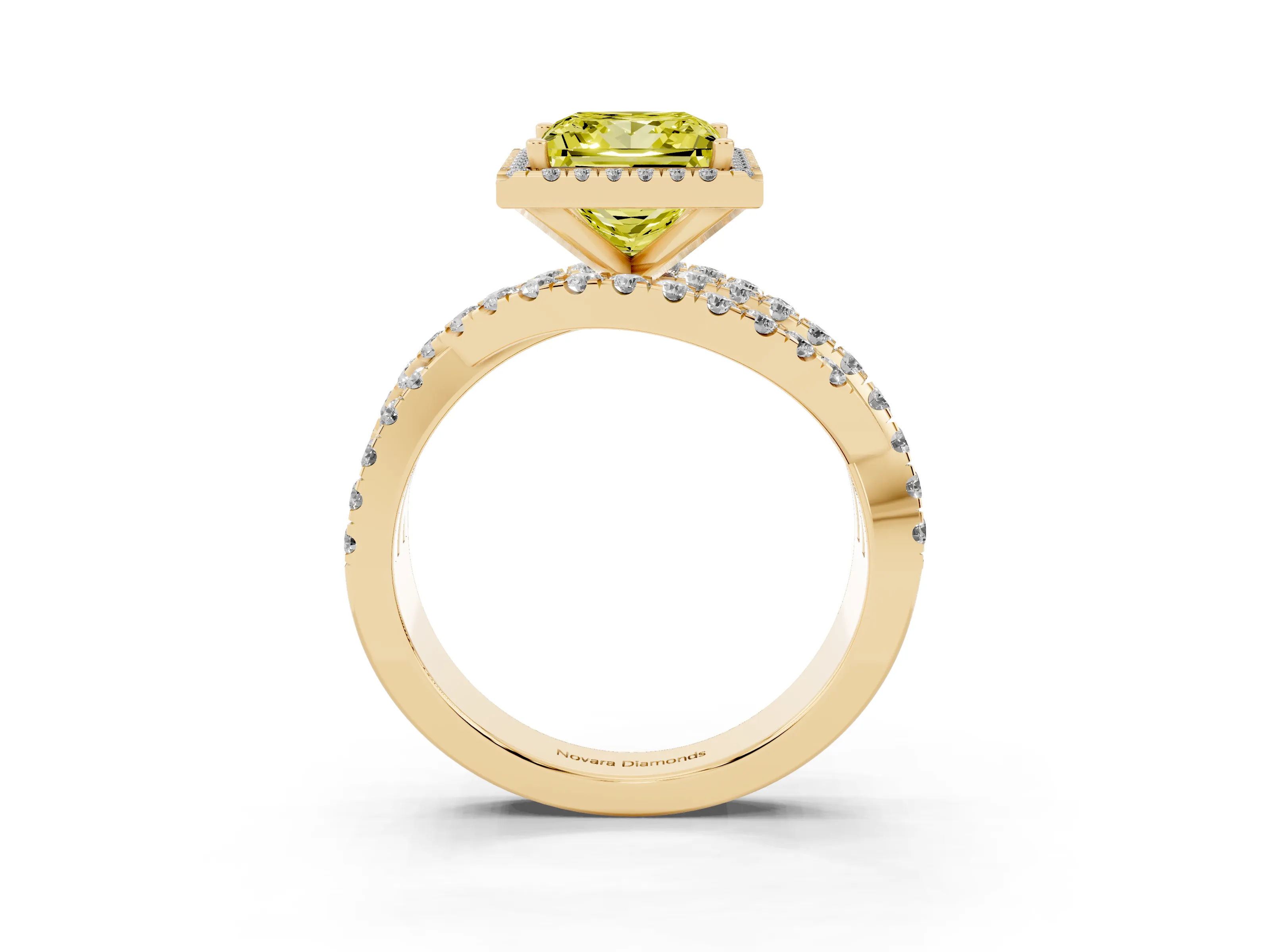 Fancy Yellow Princess Cut Diamond Halo Ring Set in Yellow gold with Round Crossover Split Shank and Prong Setting