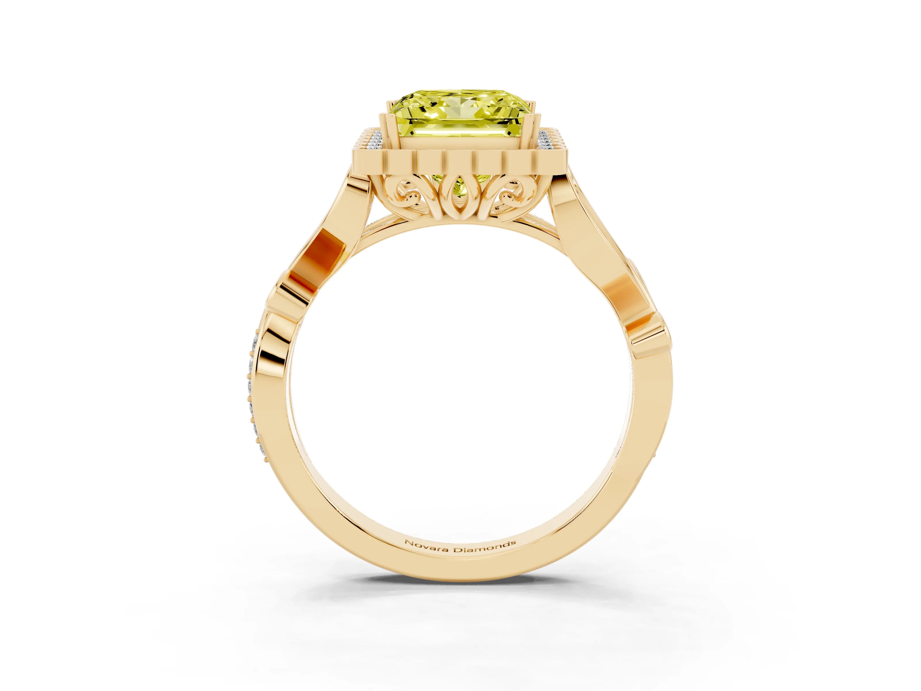 Fancy Yellow Princess Cut Diamond Halo Ring Set in Yellow gold with Leaf Motif Split Shank and Prong Setting