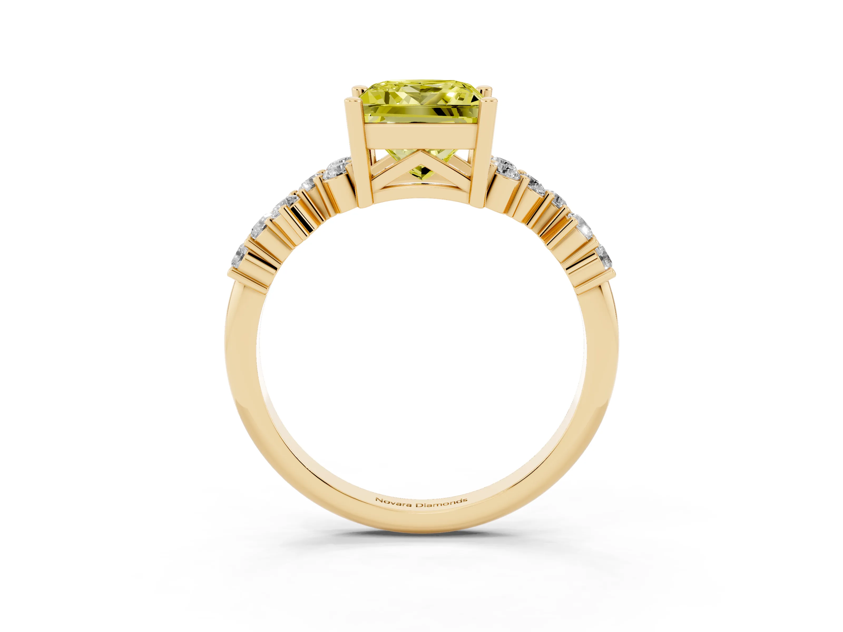 Fancy Yellow Princess Cut Diamond Ring Set in Yellow gold with Scattered Round Accents
